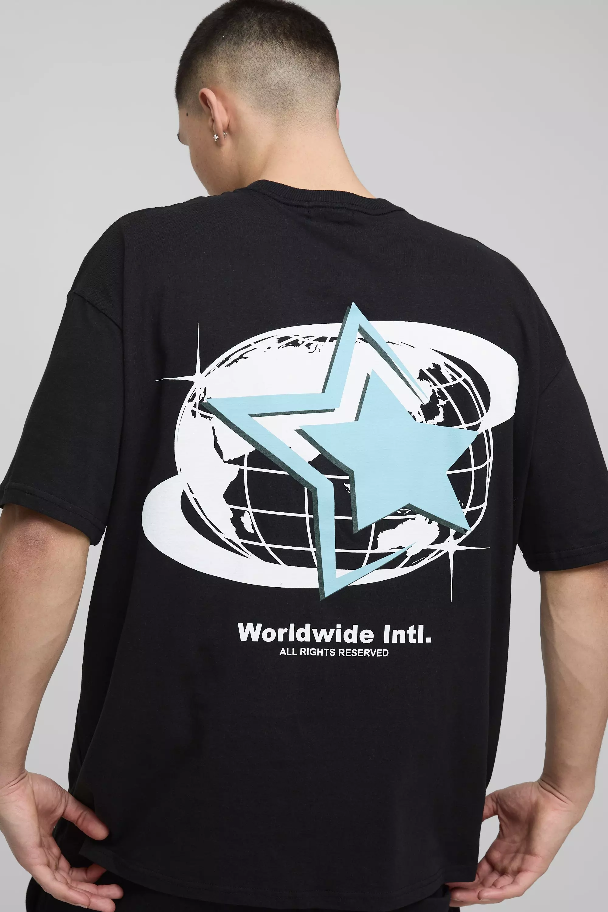 Black Oversized Official Globe Star Print T-Shirt alternative image