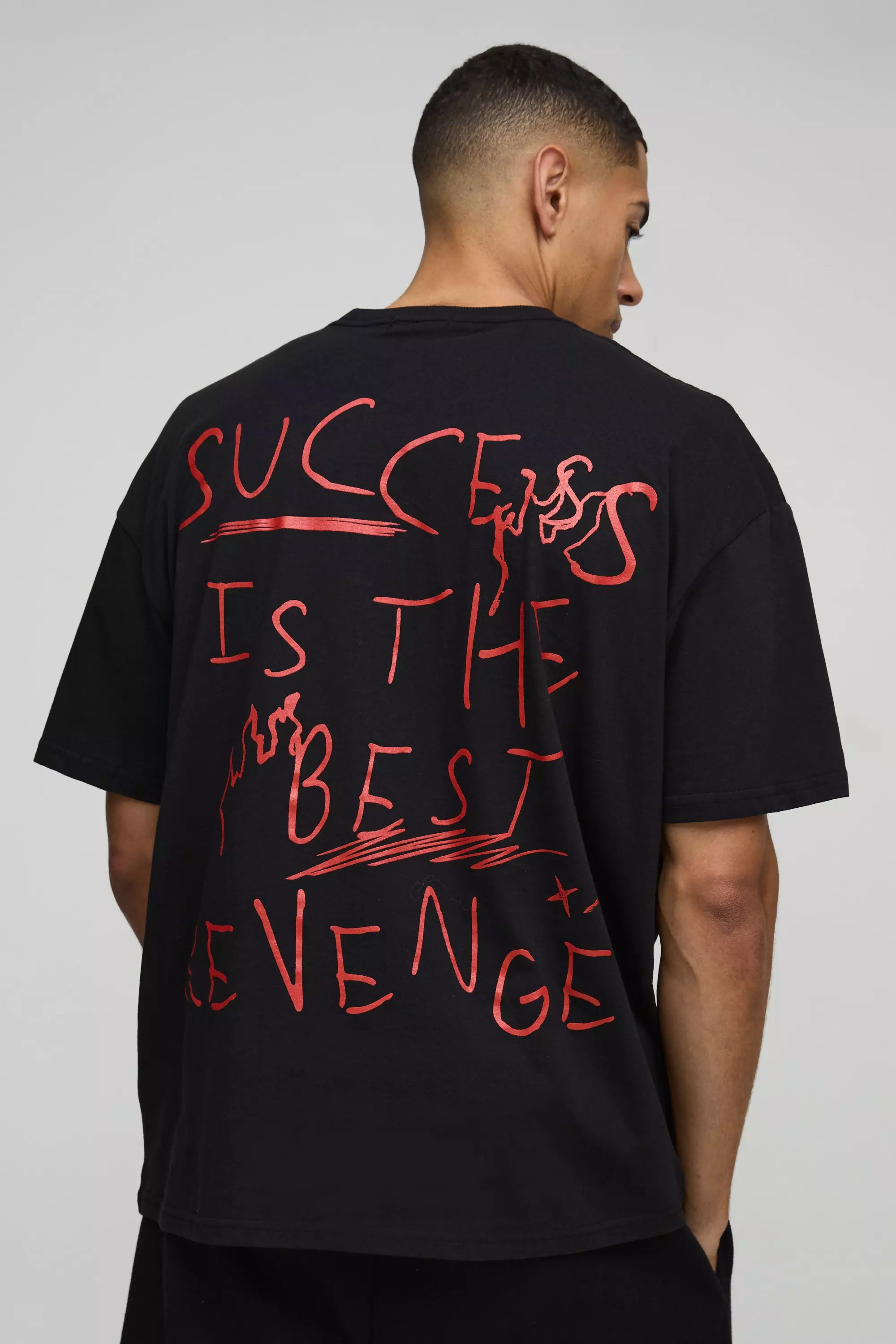 Oversized Success Slogan Print T-Shirt Black