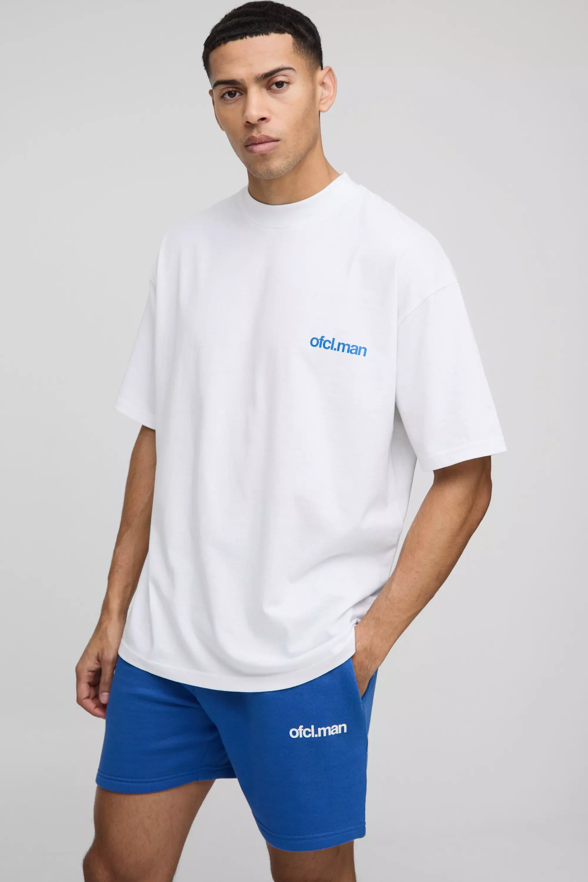Oversized Extended Neck Ofcl Man T-Shirt and Short Set Cobalt