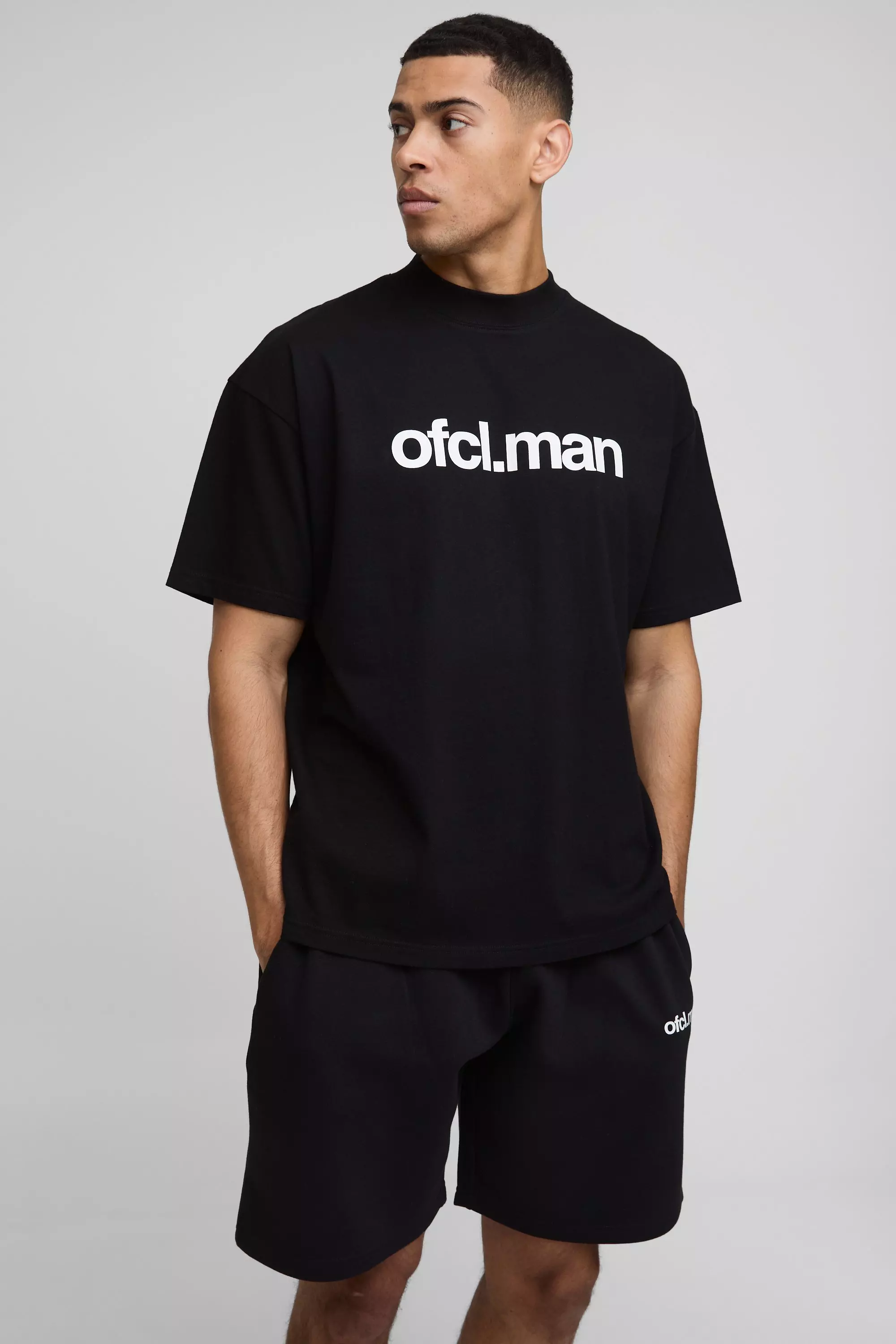 Oversized Boxy Extended Neck Ofcl Man T-Shirt and Short Set Black
