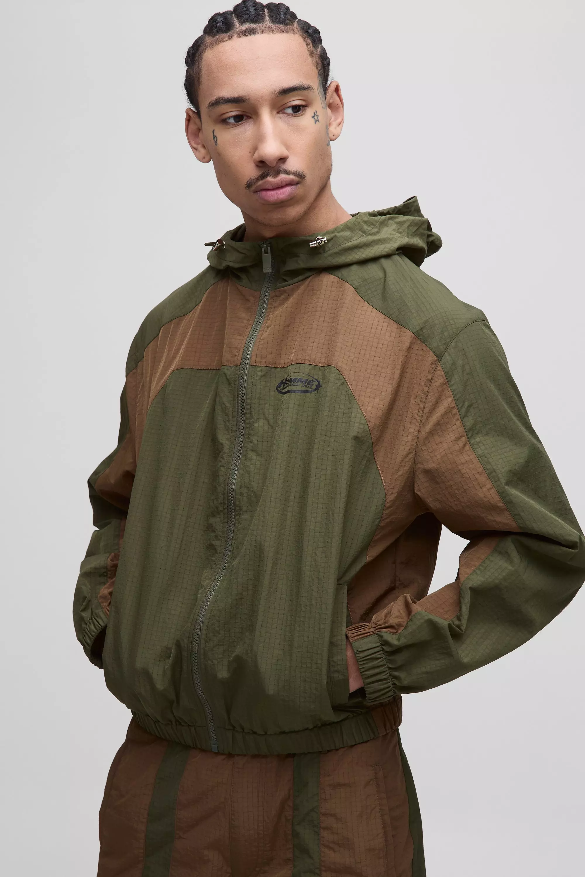 Khaki Regular Ripstop Colour Block Hoodie Jacket alternative image