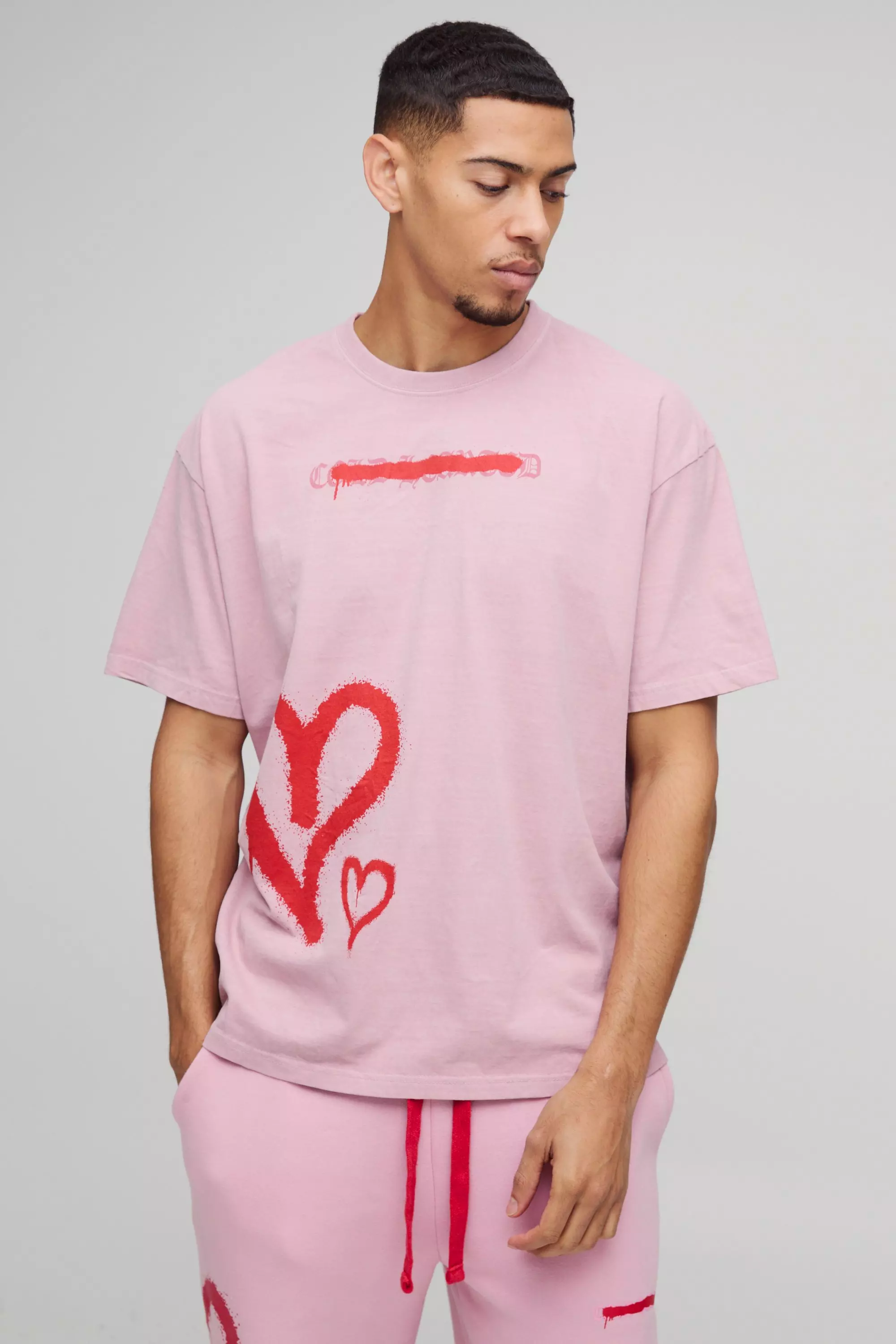 Pink Oversized Washed Graffiti Heart Graphic T-Shirt