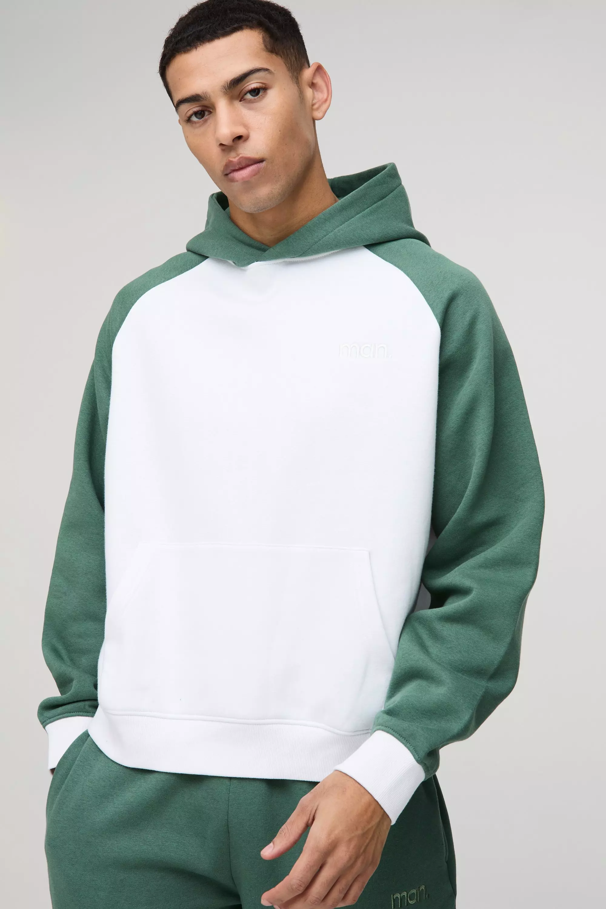 Green Oversized Boxy Man Colour Block Raglan Hoodie alternative image
