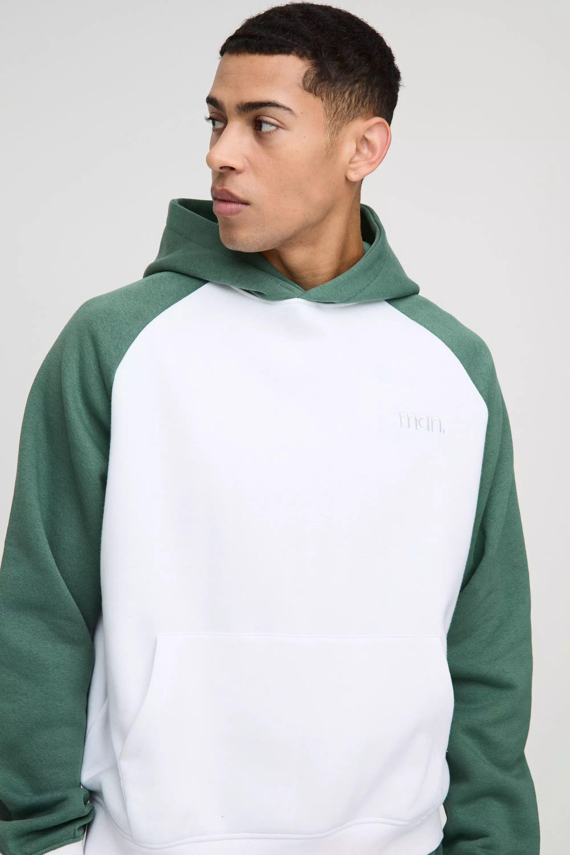 Green Oversized Boxy Man Colour Block Raglan Hoodie alternative image