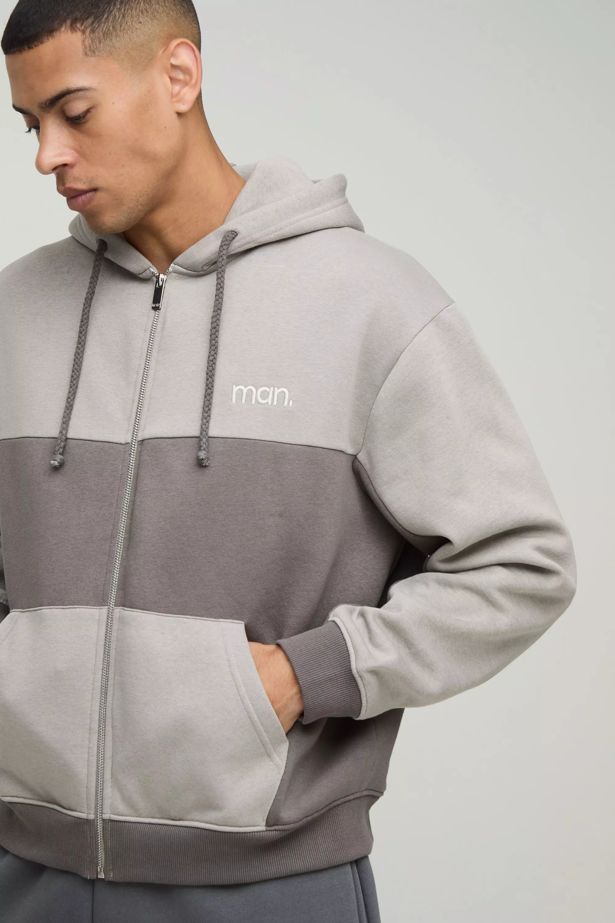 Grey Oversized Boxy Man Panel Zip Through Hoodie alternative image