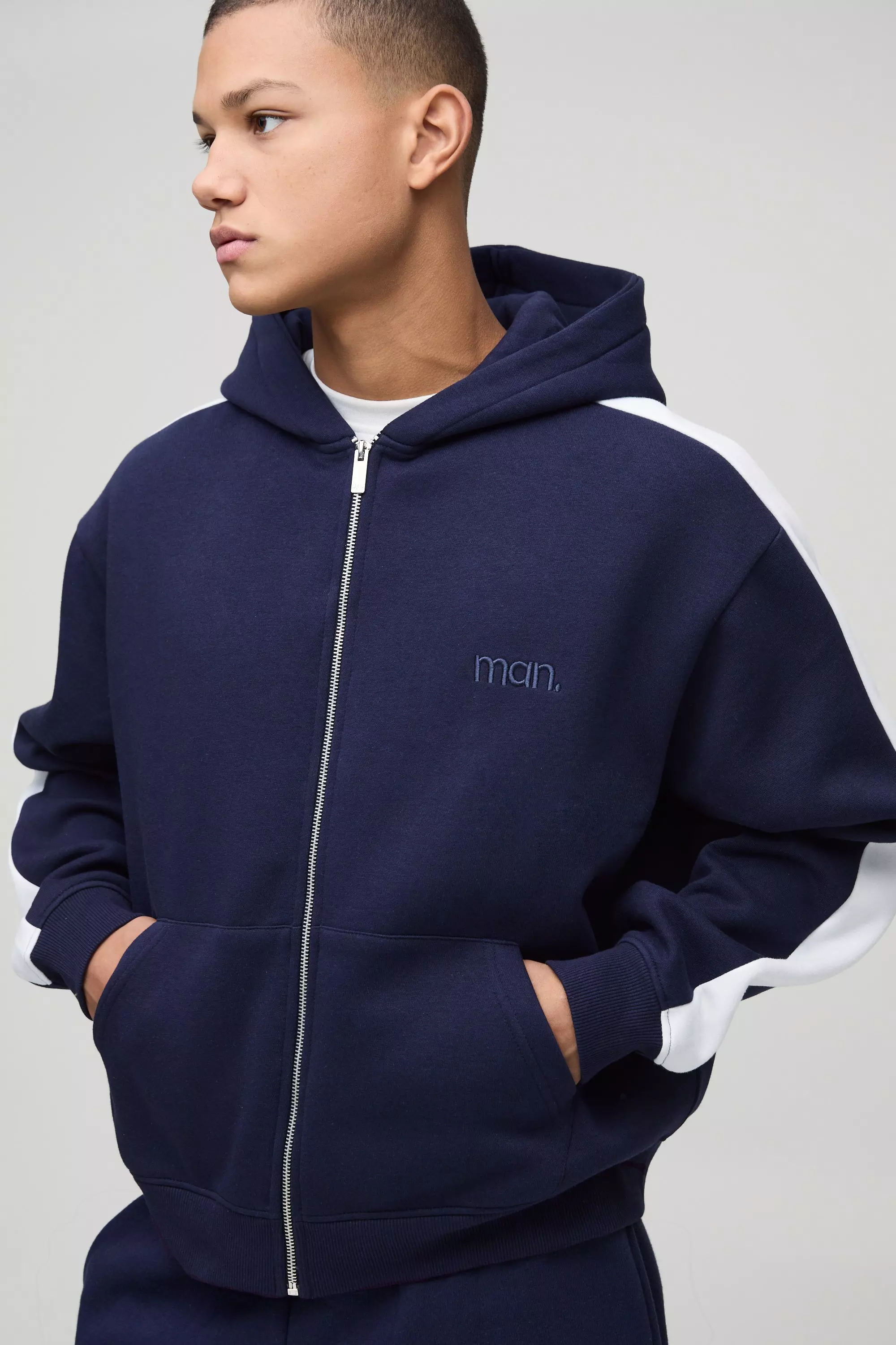 Oversized Boxy Man Colour Block Zip Through Hoodie | boohooMAN