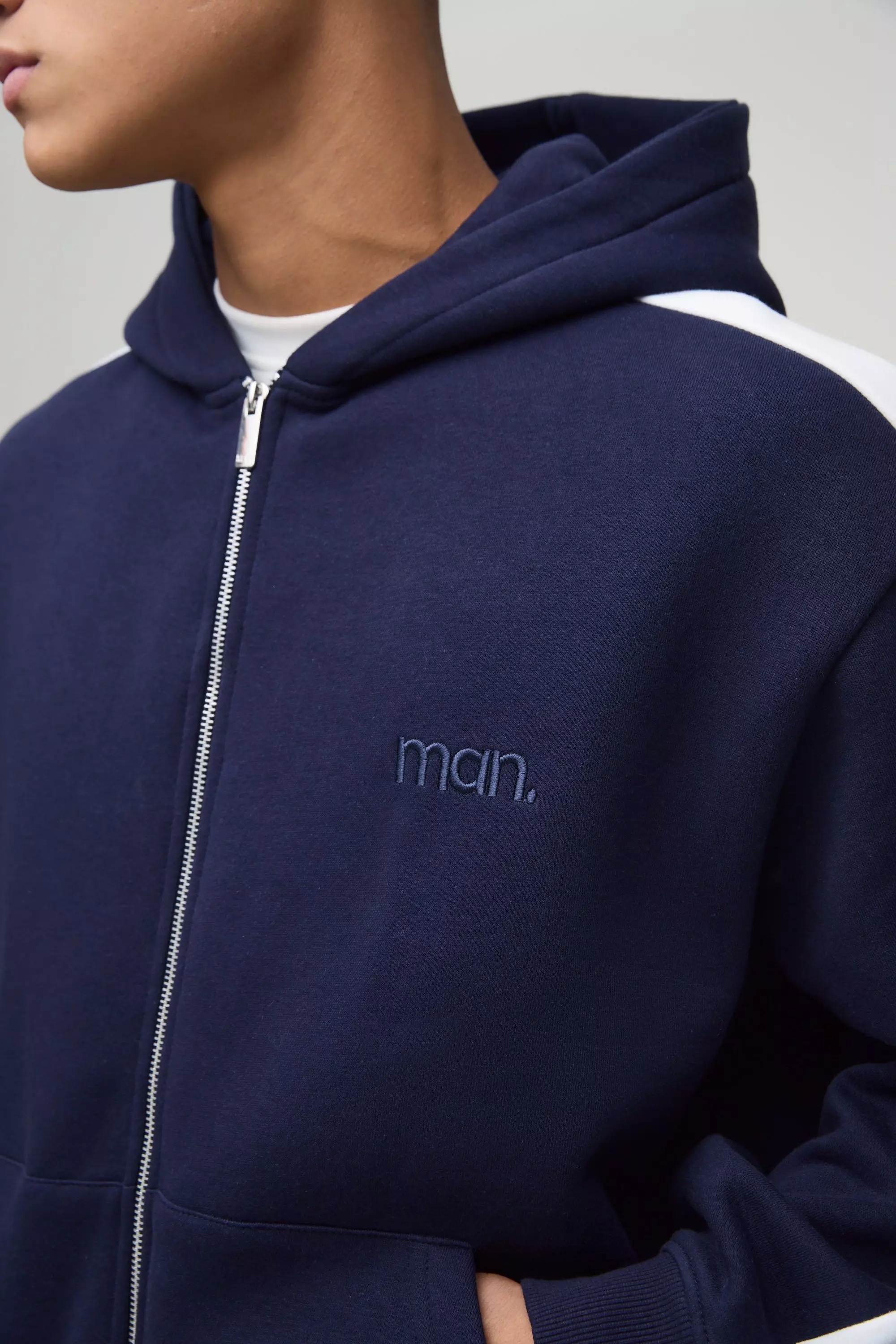Oversized Boxy Man Colour Block Zip Through Hoodie | boohooMAN