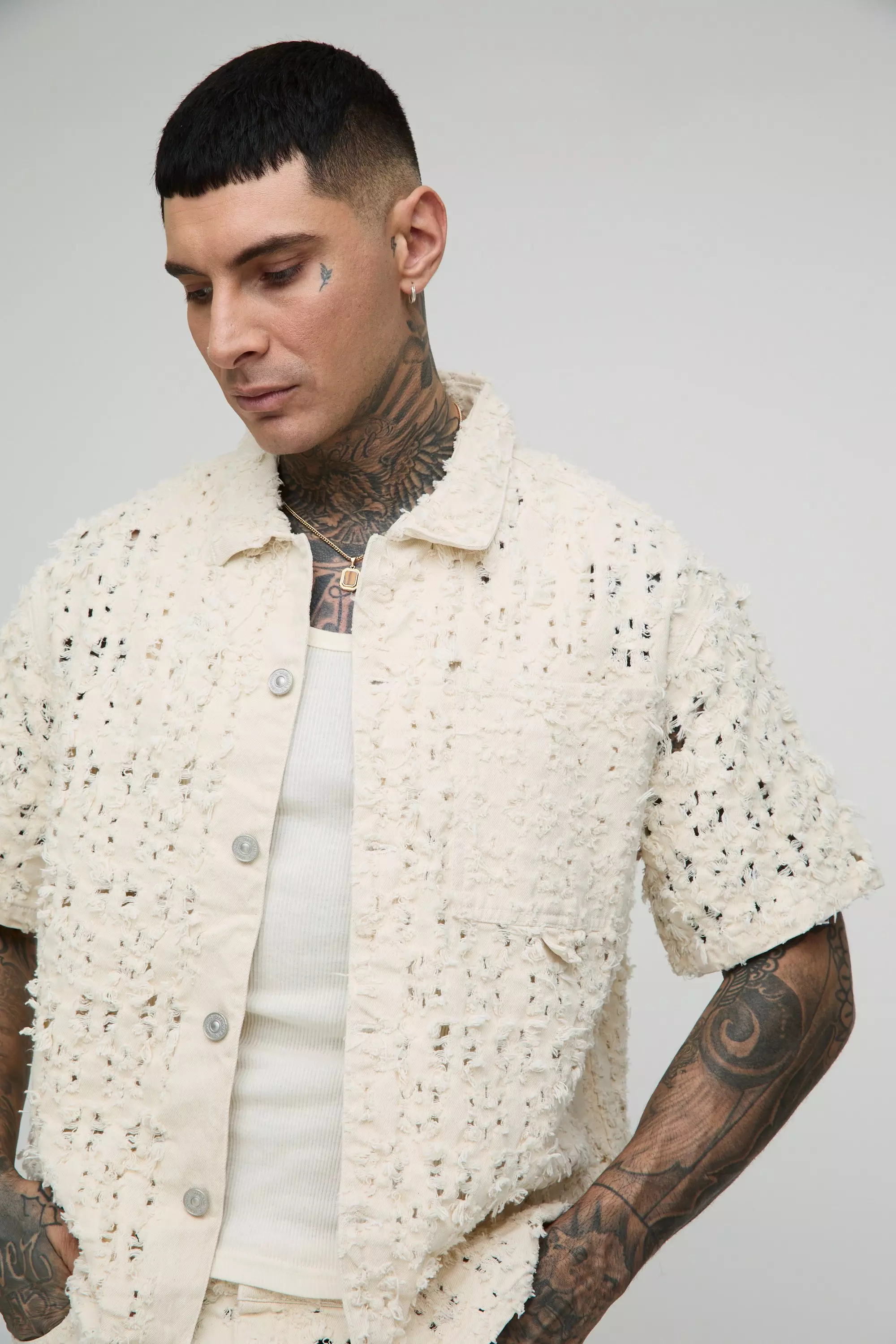 Tall Extreme Distressed Boxy Revere Shirt | boohooMAN USA