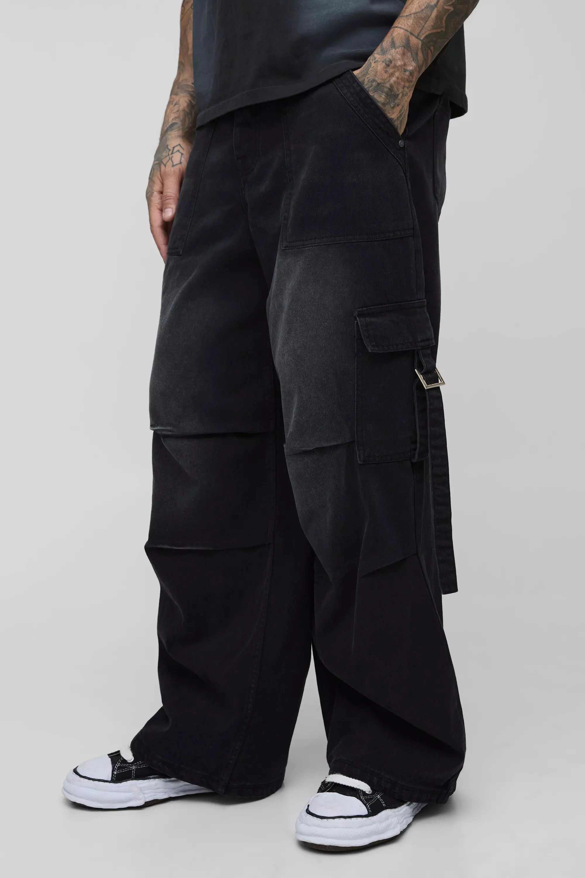 Black Tall Strap Detail Parachute Fit Jeans