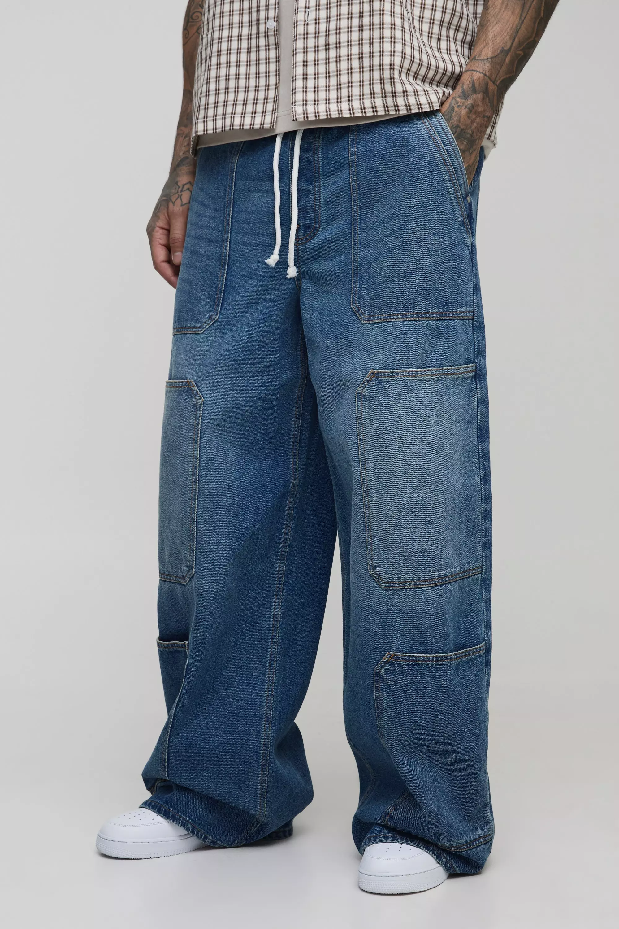 Tall Super Baggy Contrast Stitch Elasticated Waist Cargo Jeans mid wash