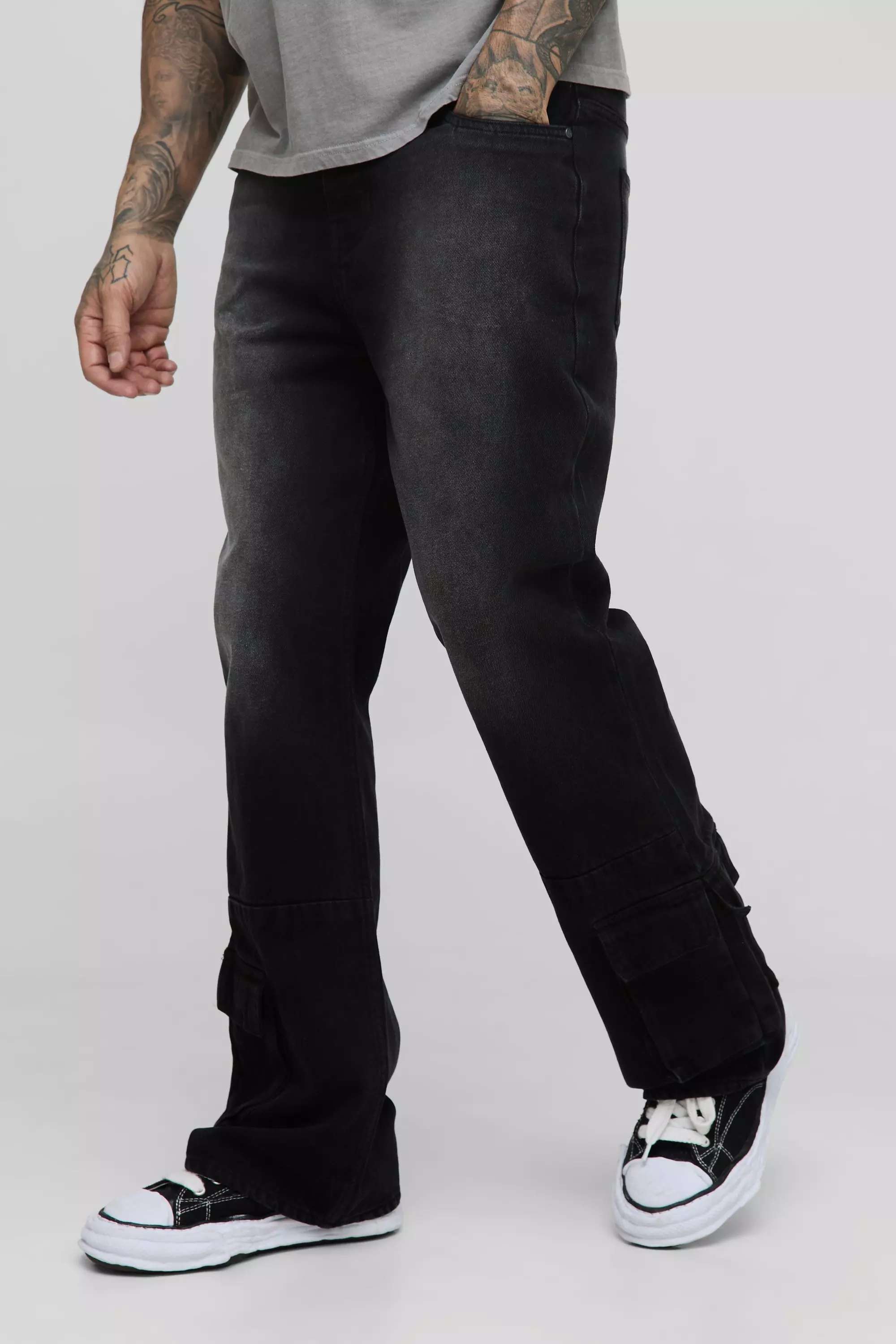 Black Tall Cargo Hem Relaxed Flare Jeans