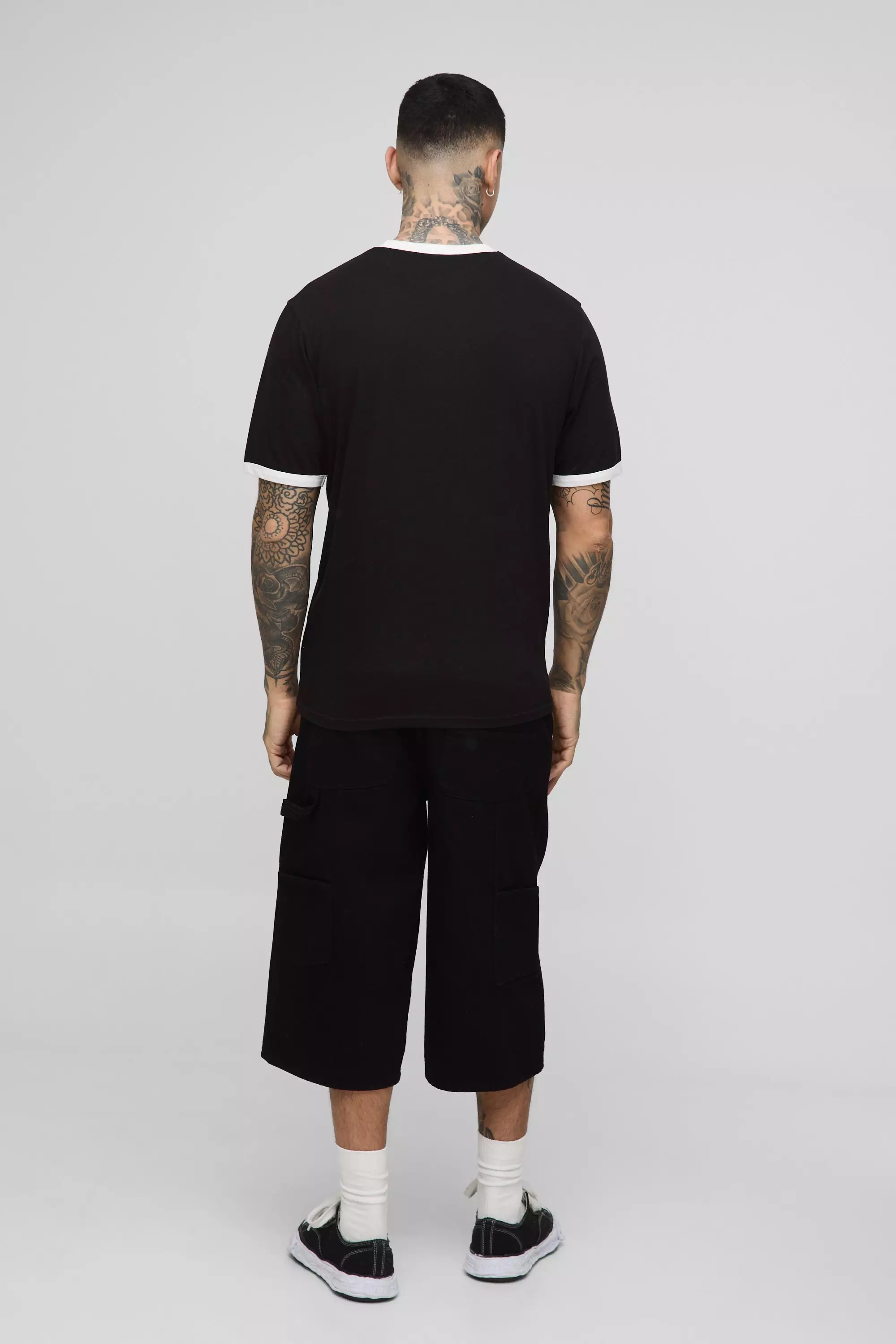 Tall Woven Tab Overdye Carpenter Longline Jort | boohooMAN USA