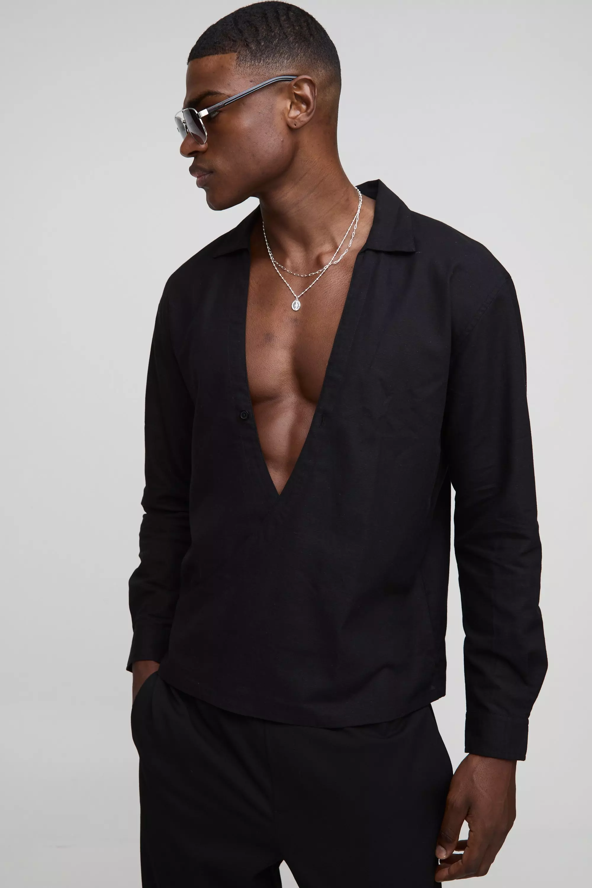 Black Oversized Linnen Wikkel Blouse Met Lange Mouwen alternatieve afbeelding