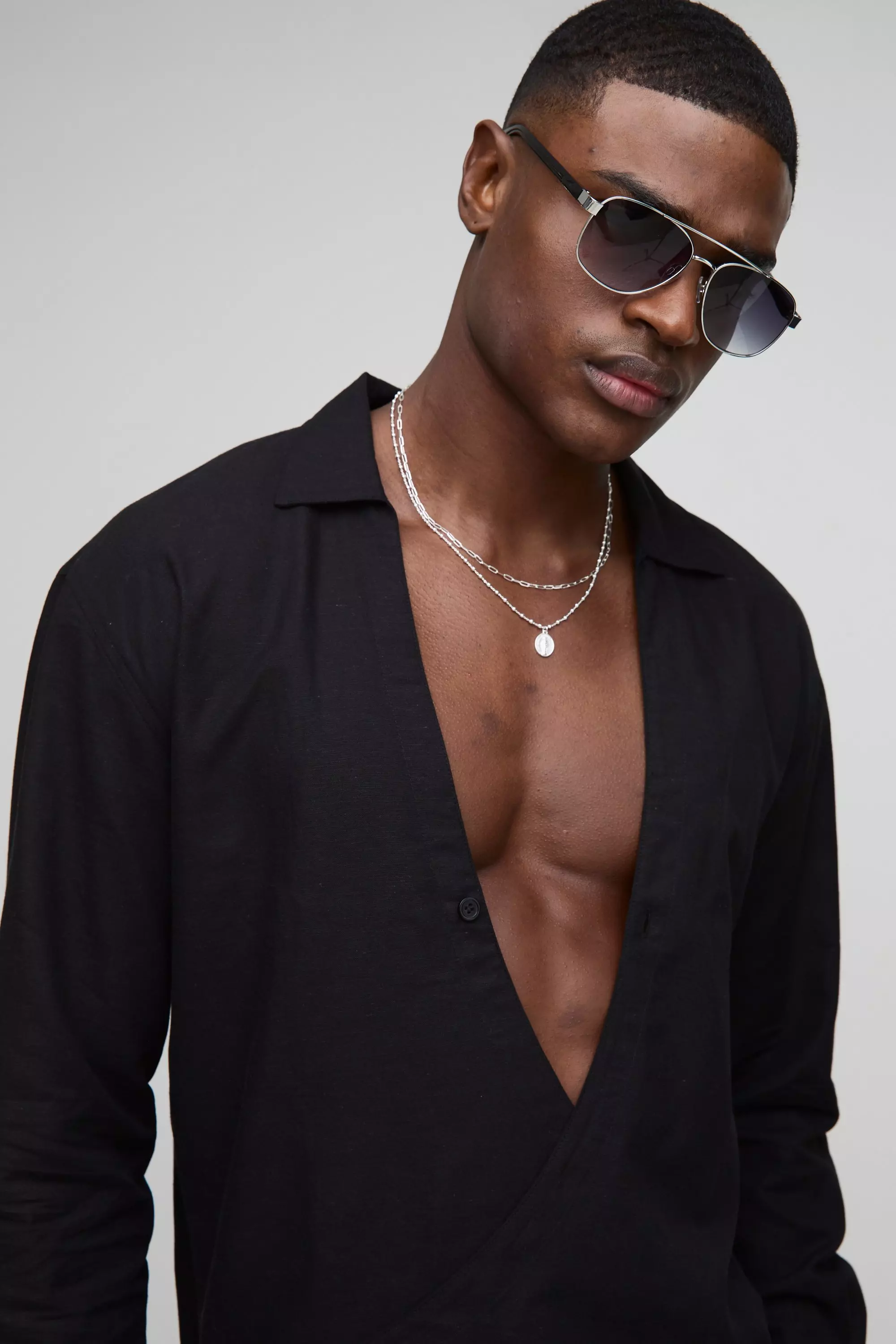 Oversized Wrap Front Long Sleeve Linen Shirt | boohooMAN USA