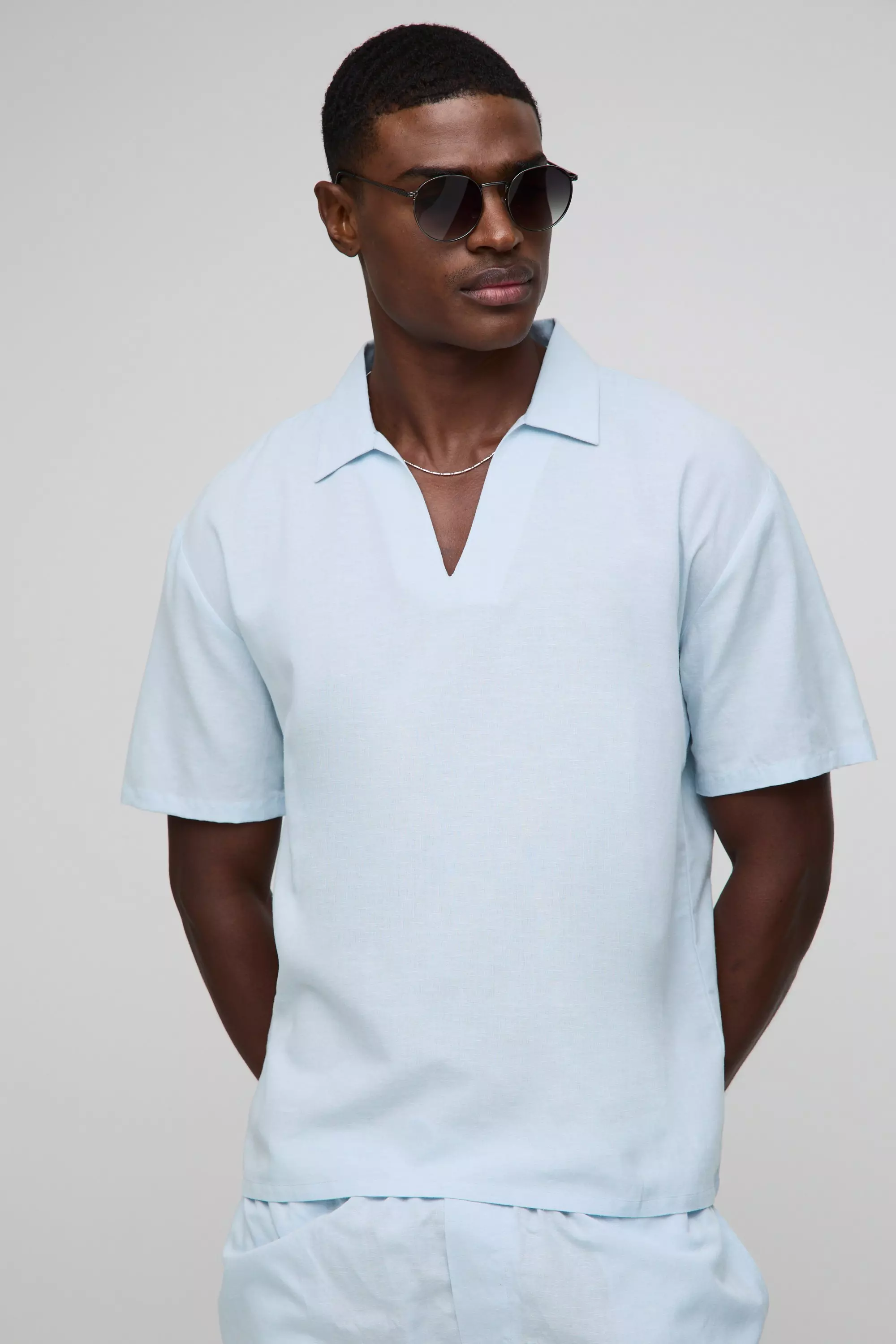 Oversized V-Neck Overhead Linen Blend Shirt | boohooMAN USA