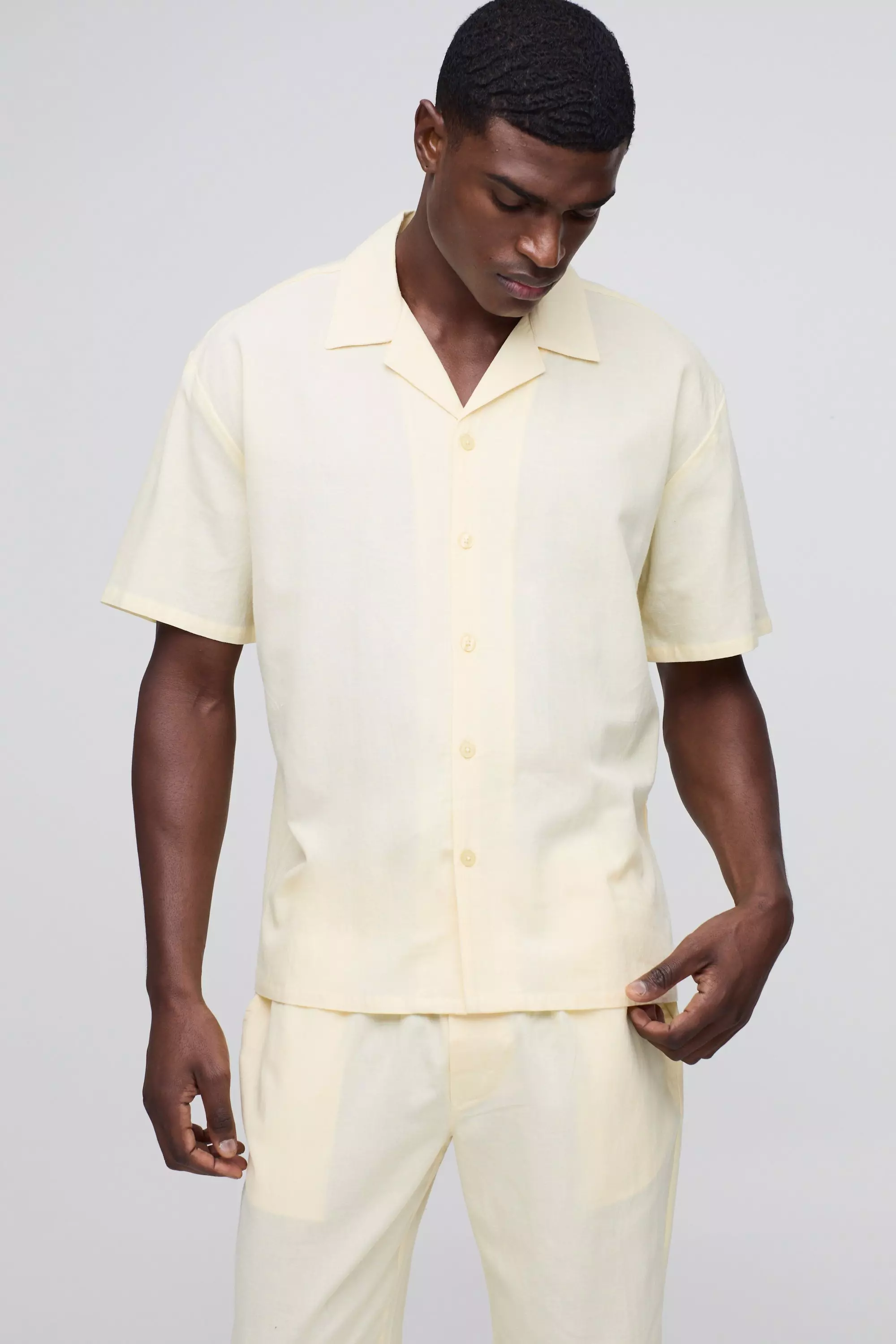 Oversized Revere Linen Short Sleeve Shirt Yellow