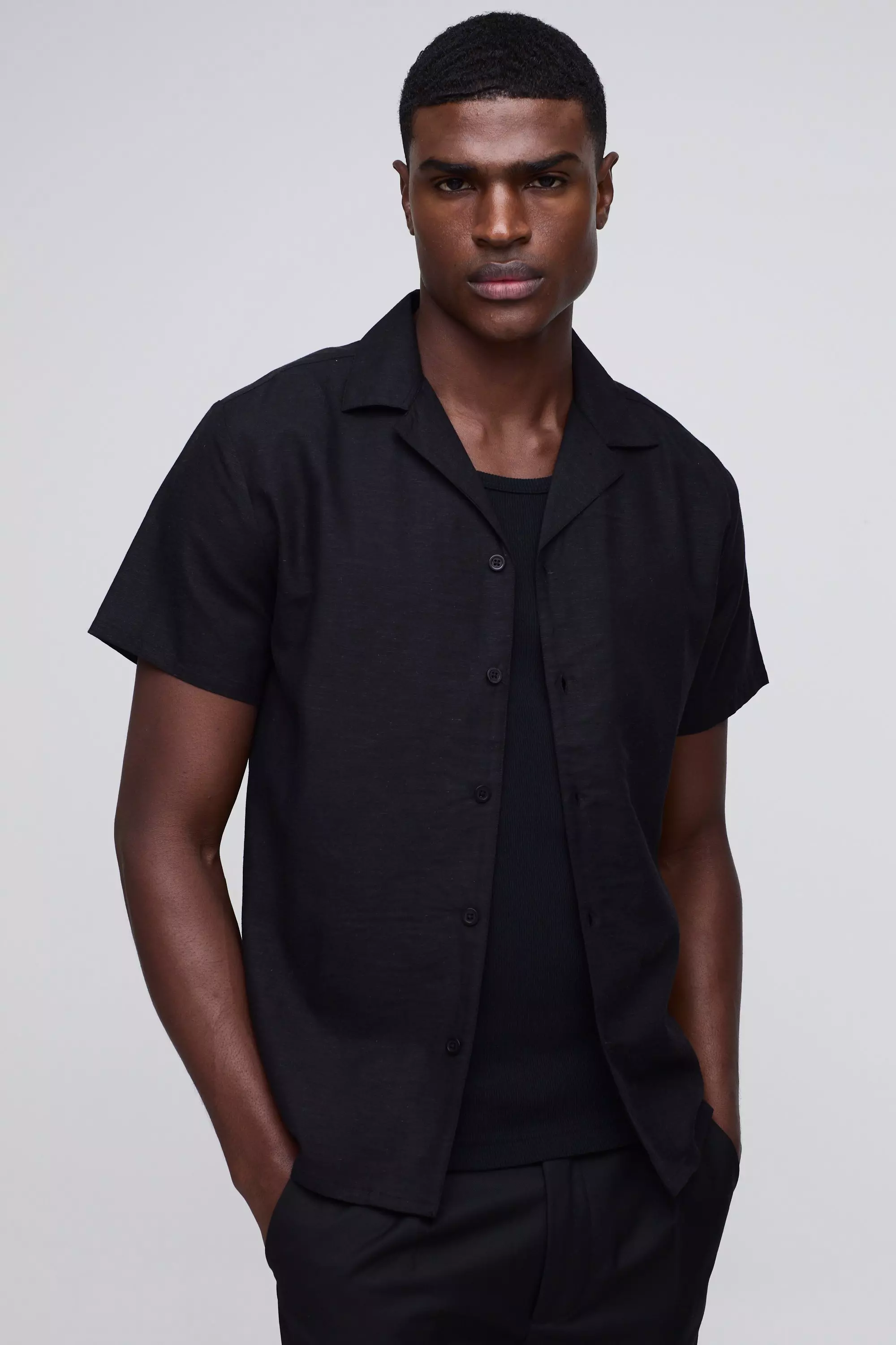 Regular Fit Revere Linen Short Sleeve Shirt Black