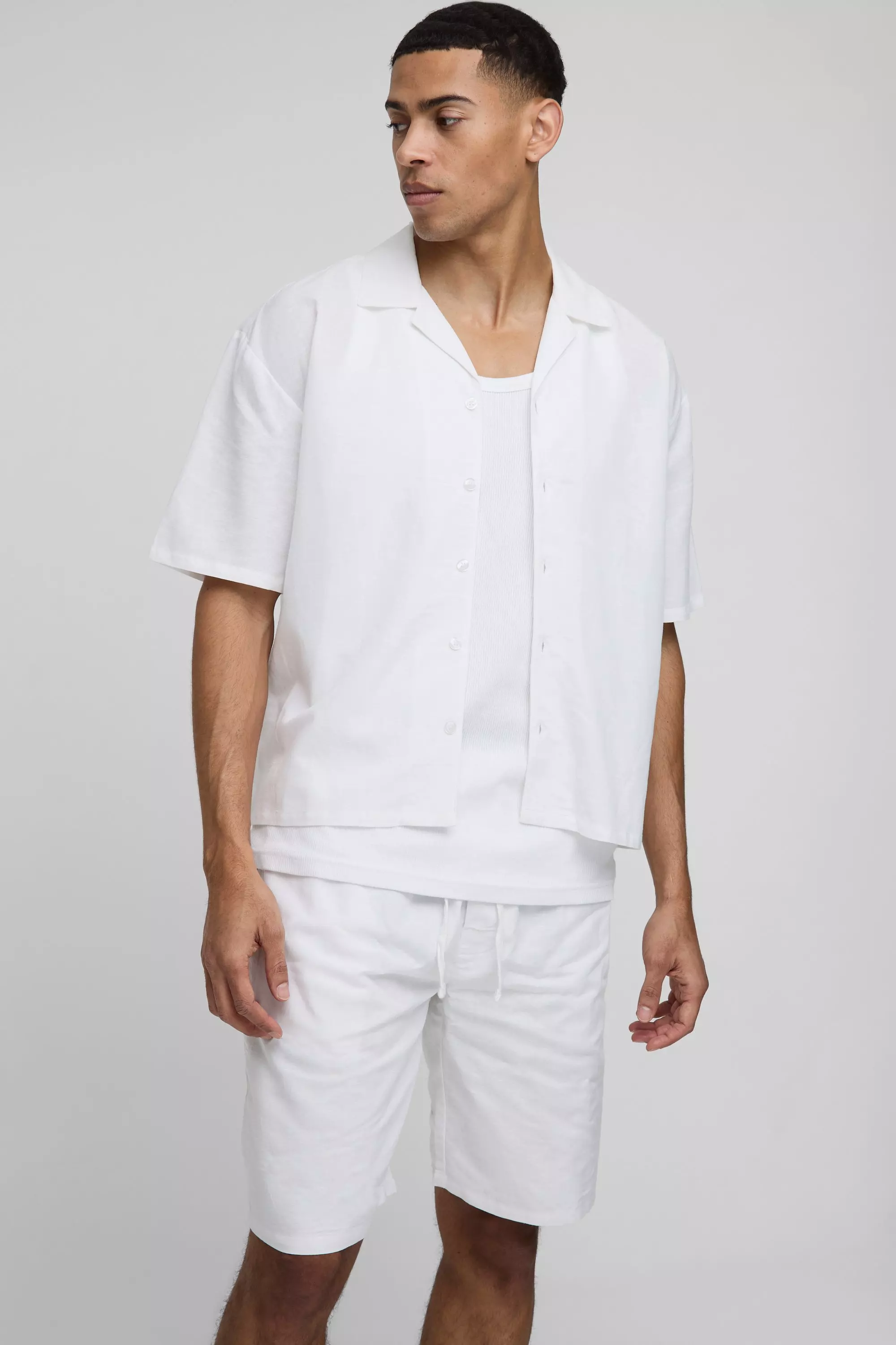 Oversized Revere Linen Shirt & Short Set White