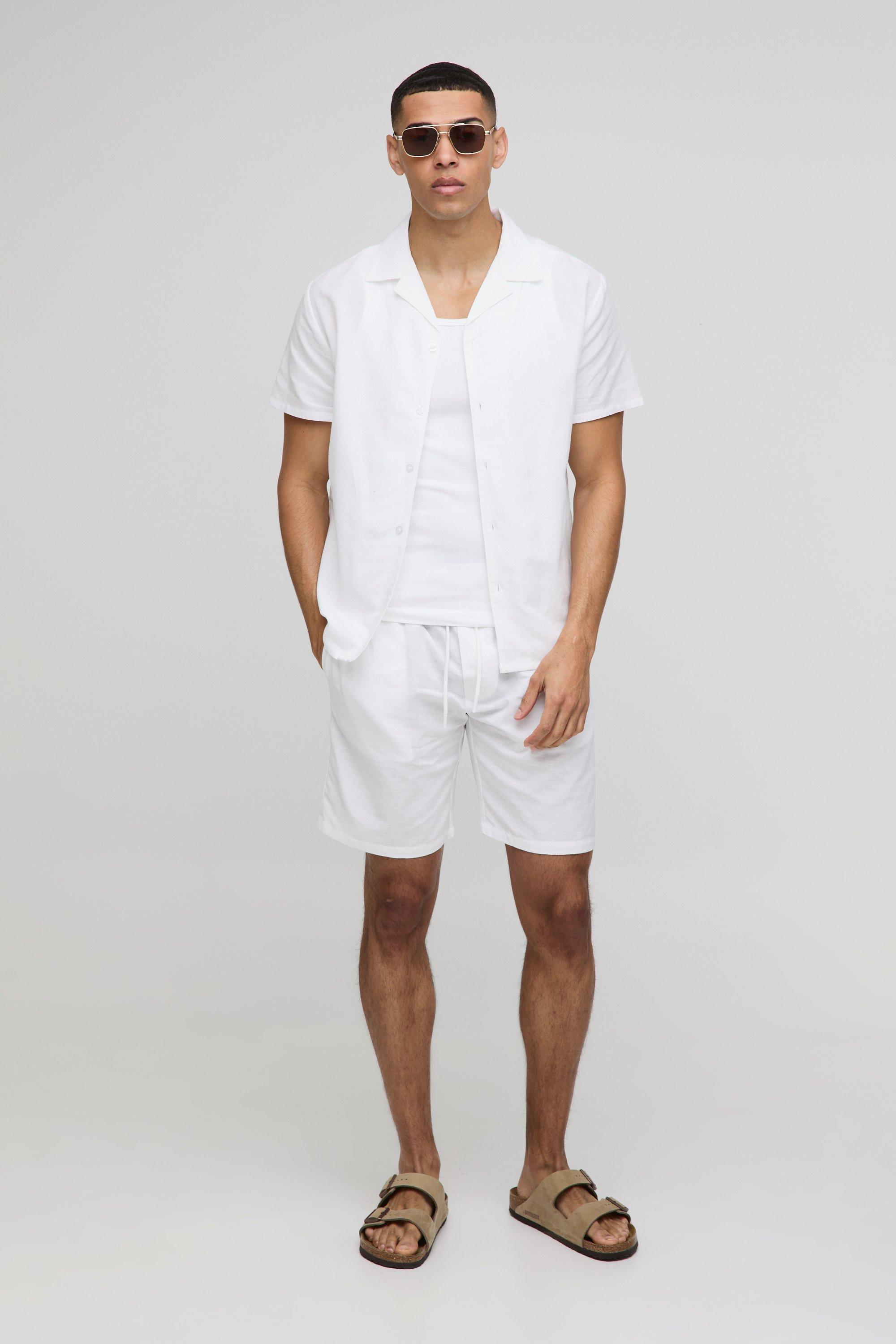 Regular Revere Linen Look Shirt & Short Set | boohooMAN USA