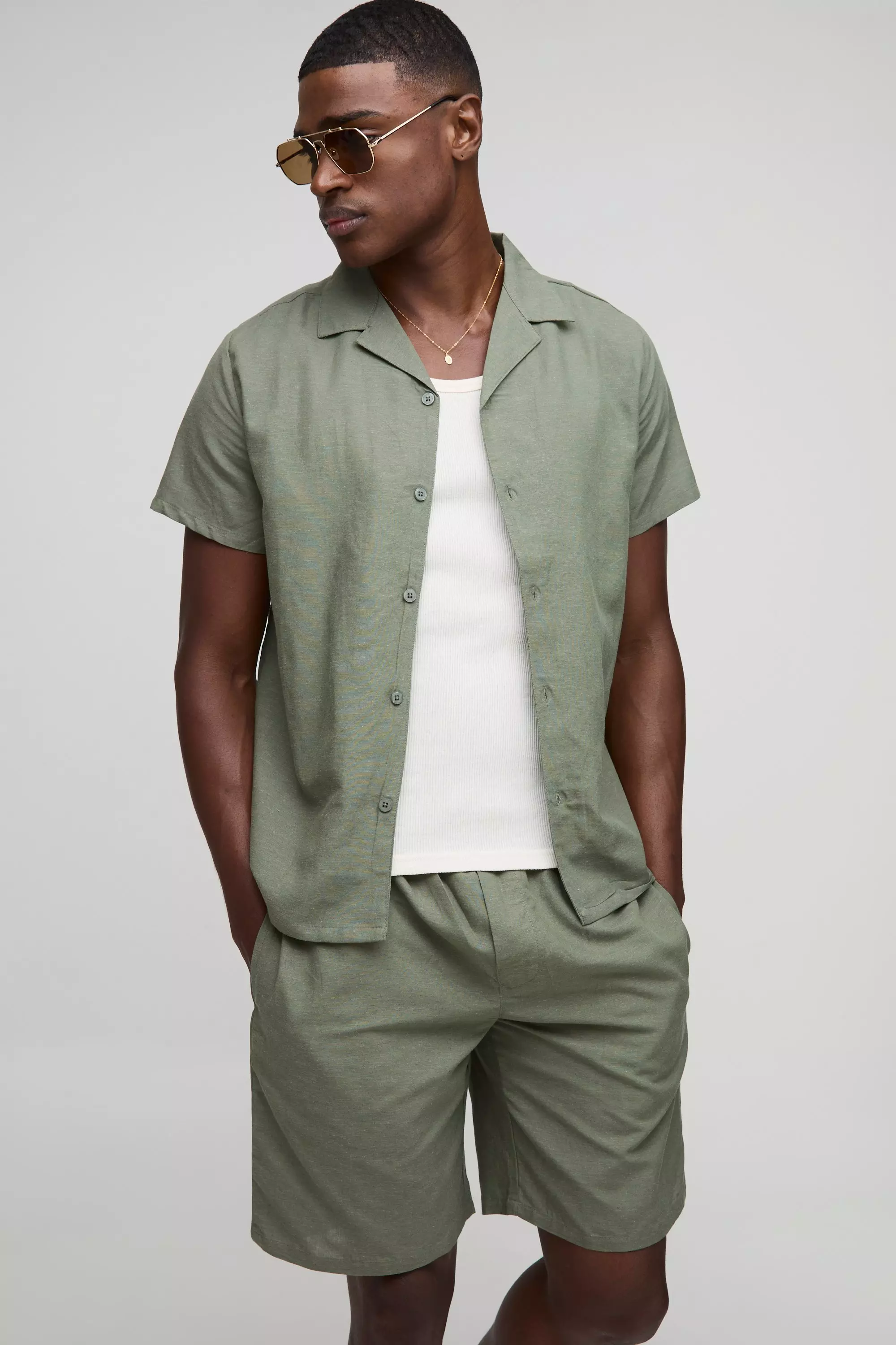 Olive Regular Fit Overhemd Met Revers Kraag En Shorts Set alternatieve afbeelding