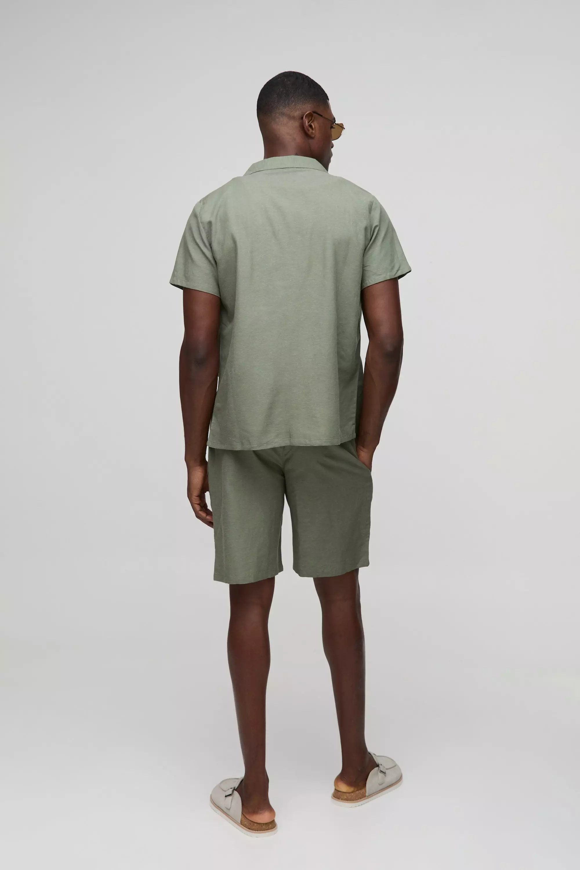 Olive Regular Fit Overhemd Met Revers Kraag En Shorts Set alternatieve afbeelding