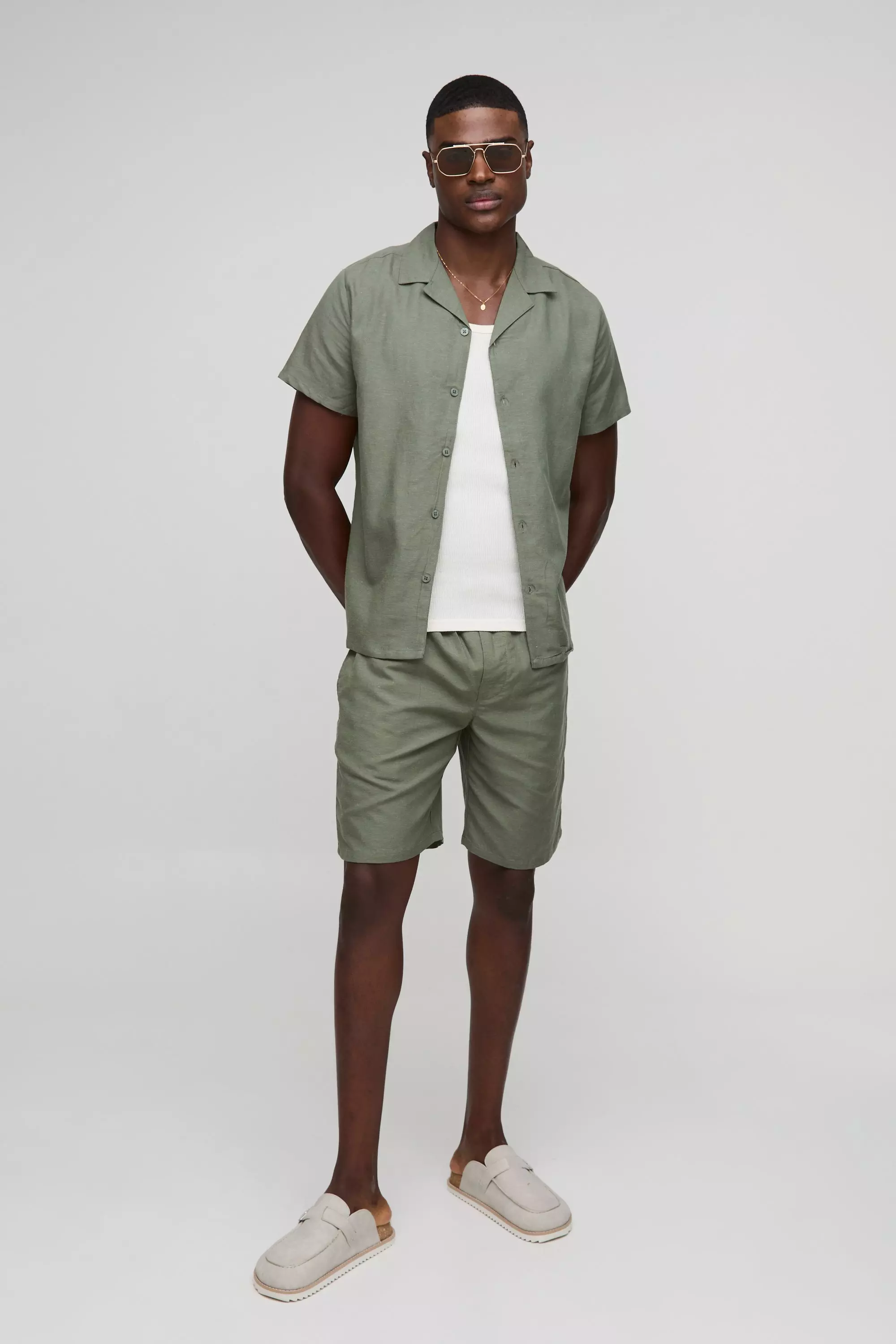 Olive Regular Fit Overhemd Met Revers Kraag En Shorts Set alternatieve afbeelding