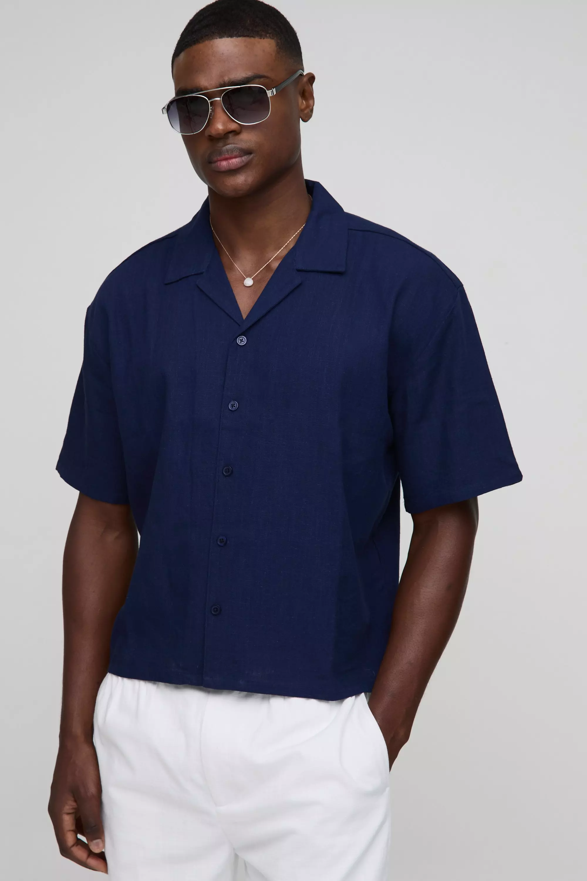 Navy Heavyweight Linen Blend Oversized Boxy Shirt alternative image