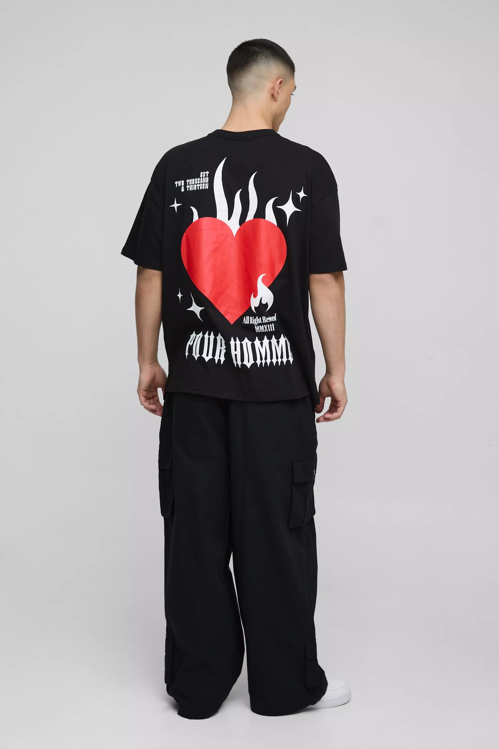 Black Oversized Pour Homme Flame Heart Graphic T-Shirt alternative image