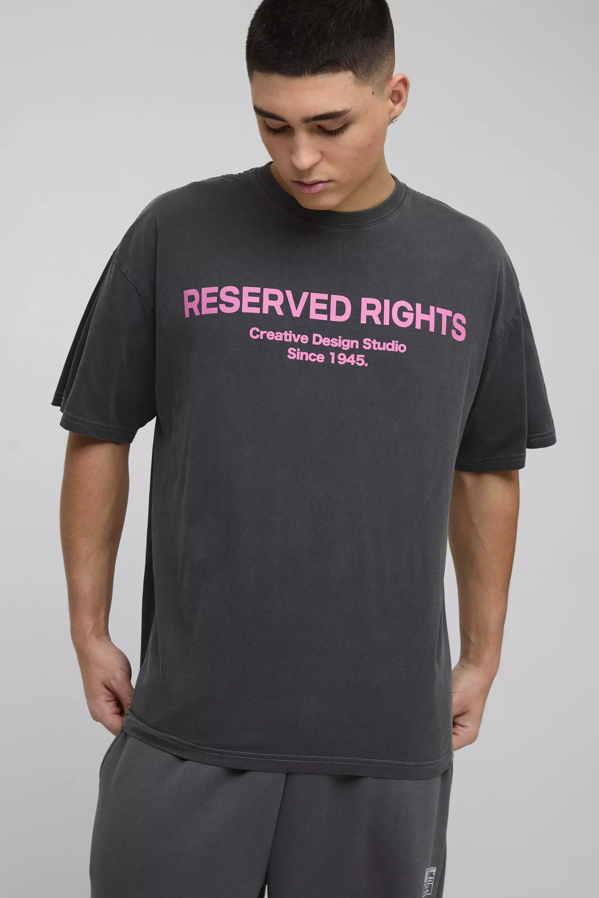 Oversized Rights Reserved Slogan Washed T-Shirt Charcoal