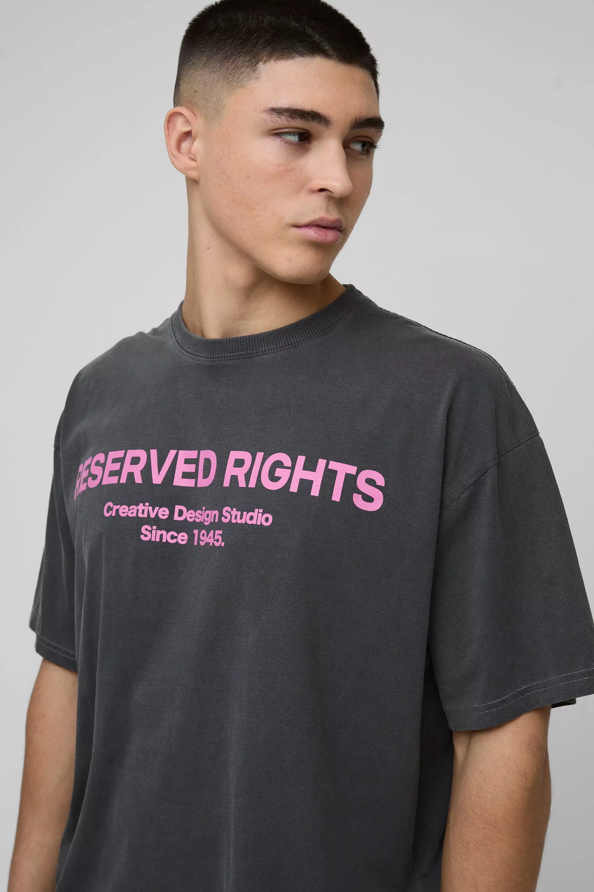 Charcoal Oversized Rights Reserved Slogan Washed T-Shirt alternative image