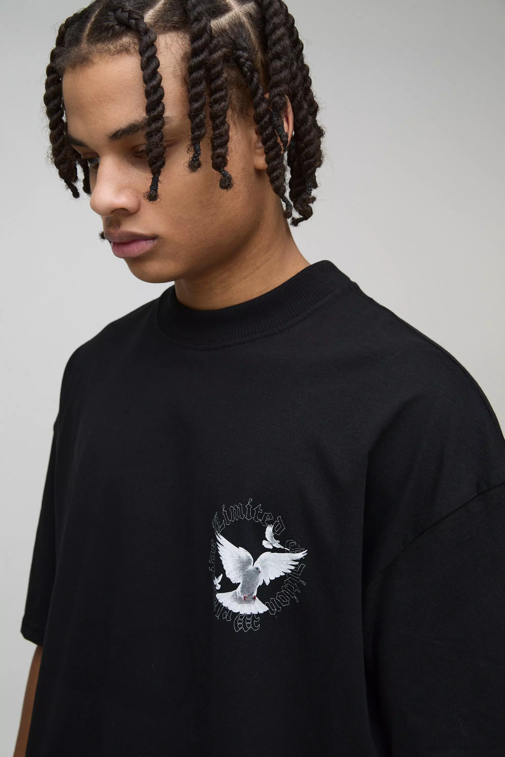 Black Oversized Extended Neck Dove Graphic T-Shirt alternative image