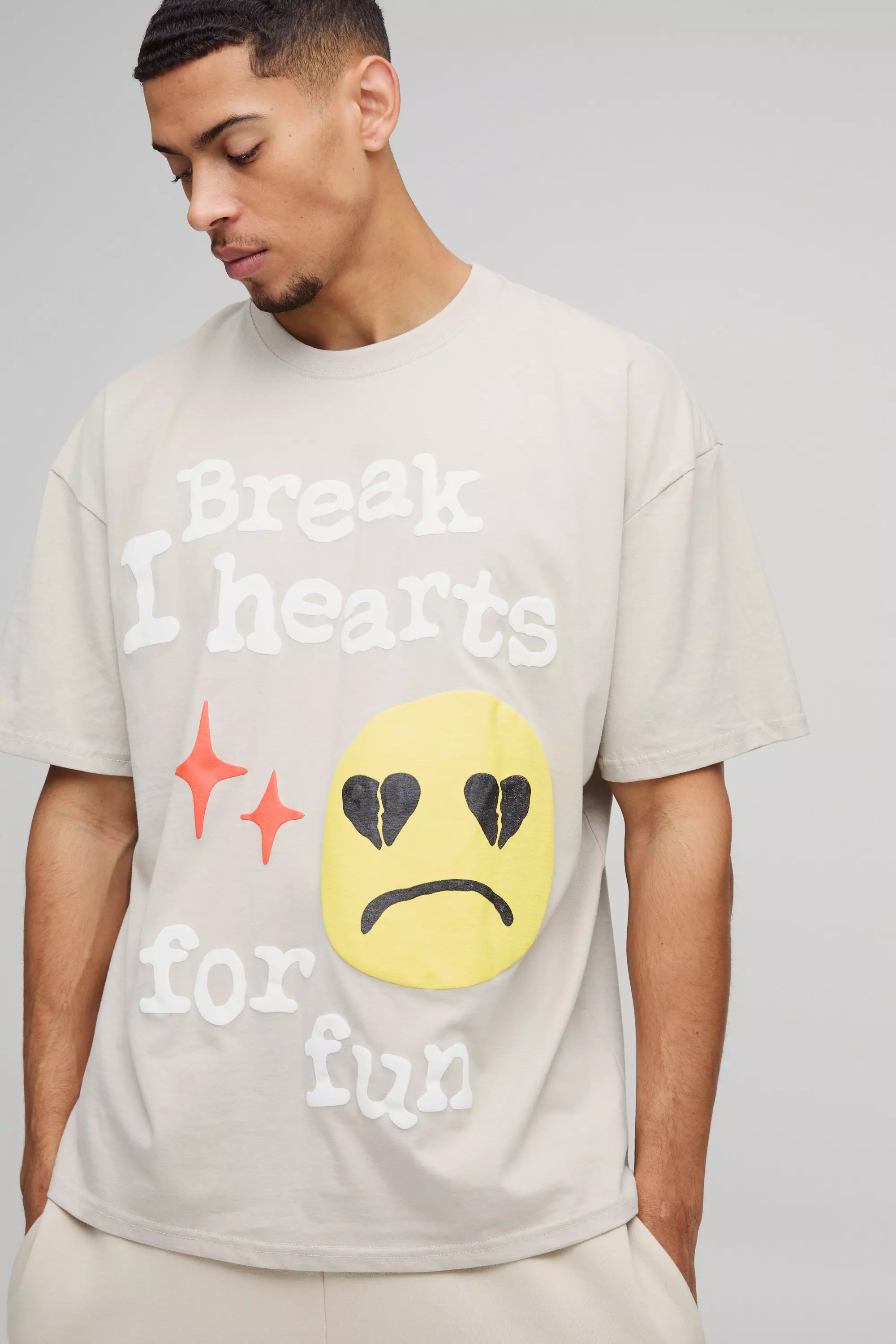 Stone Oversized Break Hearts Slogan Puff Print T-Shirt alternative image