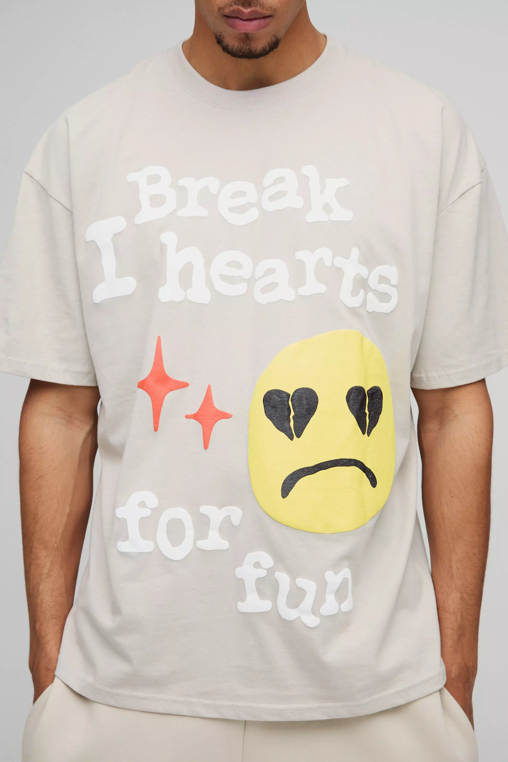 Stone Oversized Break Hearts Slogan Puff Print T-Shirt alternative image