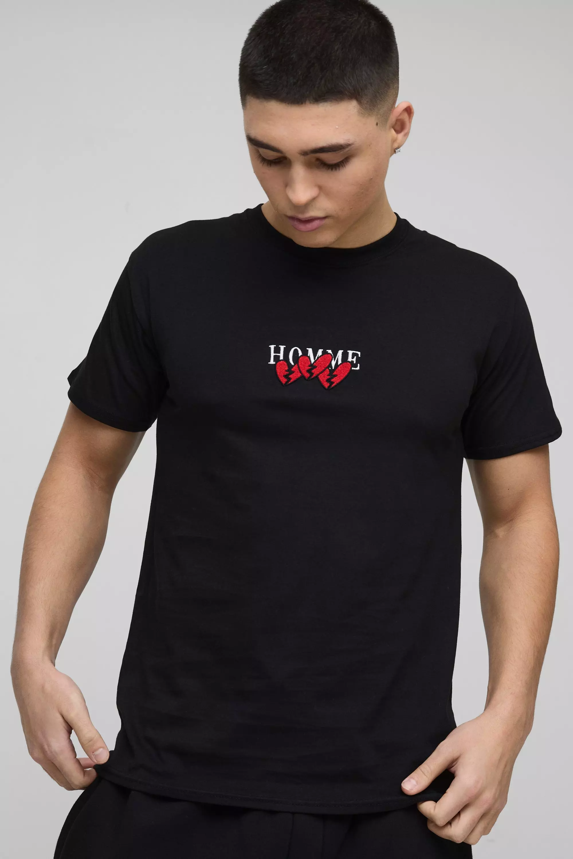 Black Geborduurd Homme Hartjes T-Shirt Met Print alternatieve afbeelding