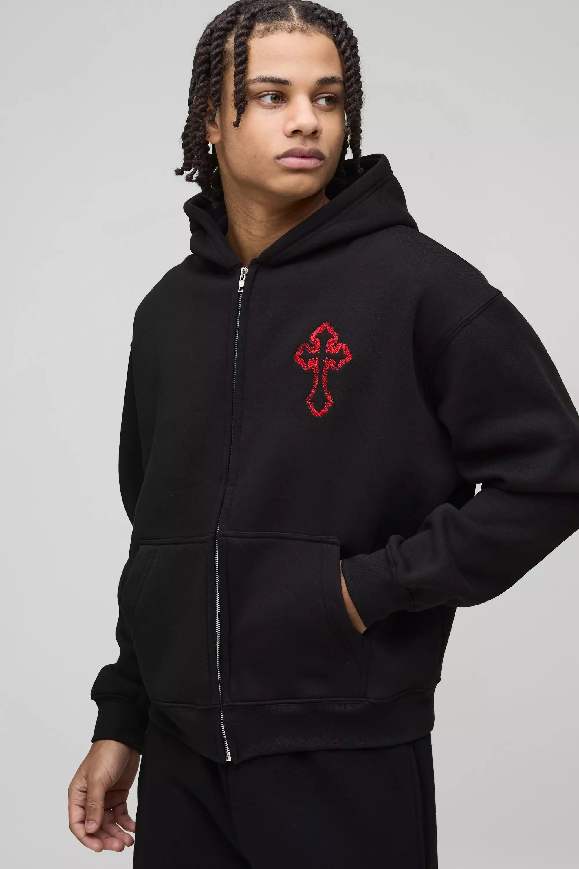 Oversized Boxy Zip Through Embroidered Gothic Cross Hoodie | boohooMAN USA