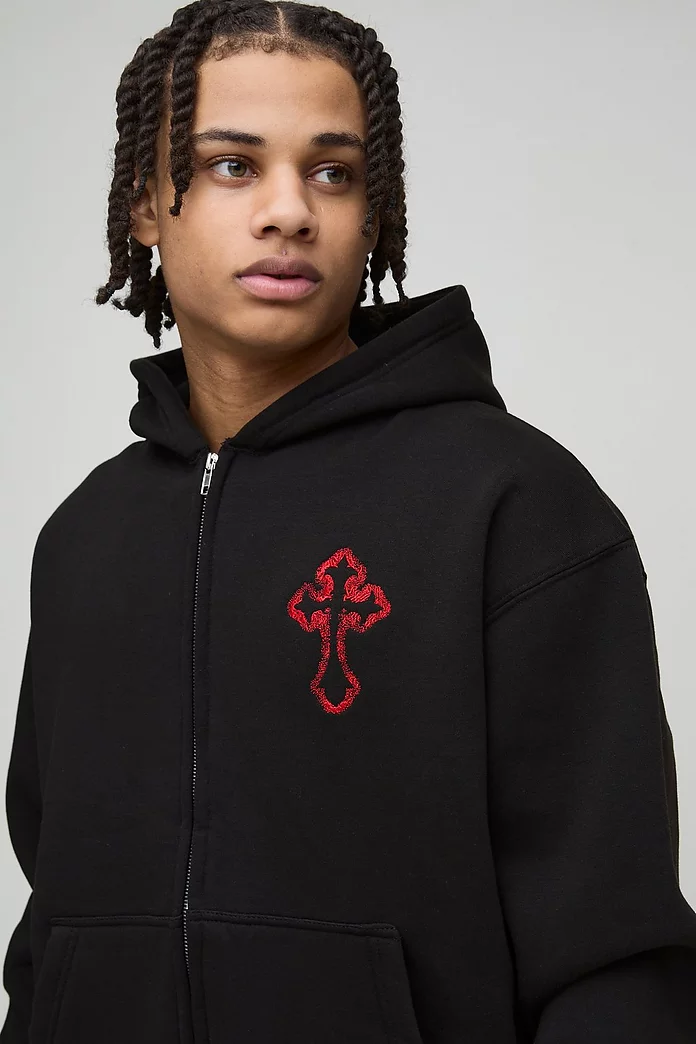 Oversized Boxy Zip Through Embroidered Gothic Cross Hoodie Oversized Boxy Zip Through Embroidered Gothic Cross Hoodie