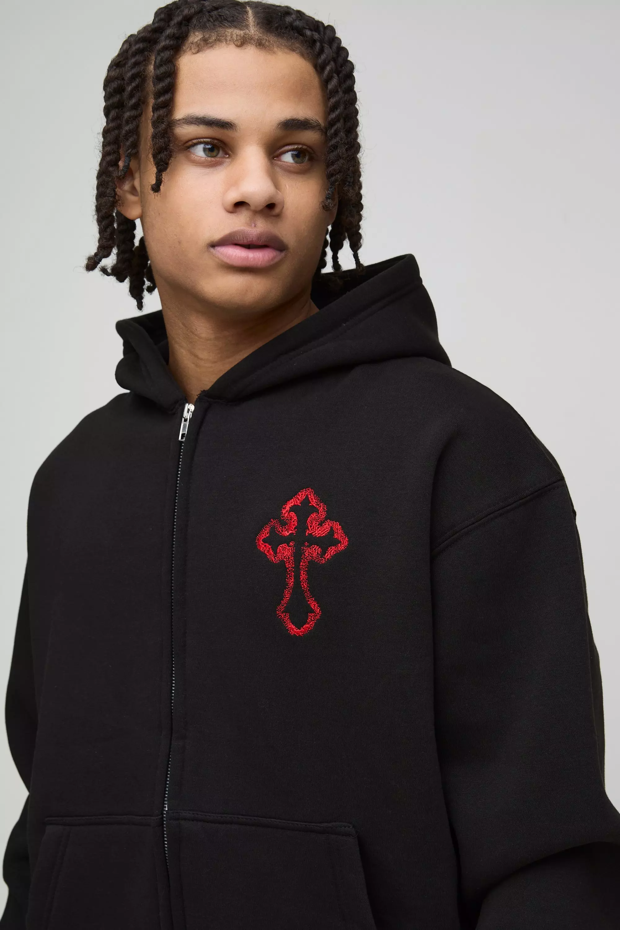 Oversized Boxy Zip Through Embroidered Gothic Cross Hoodie