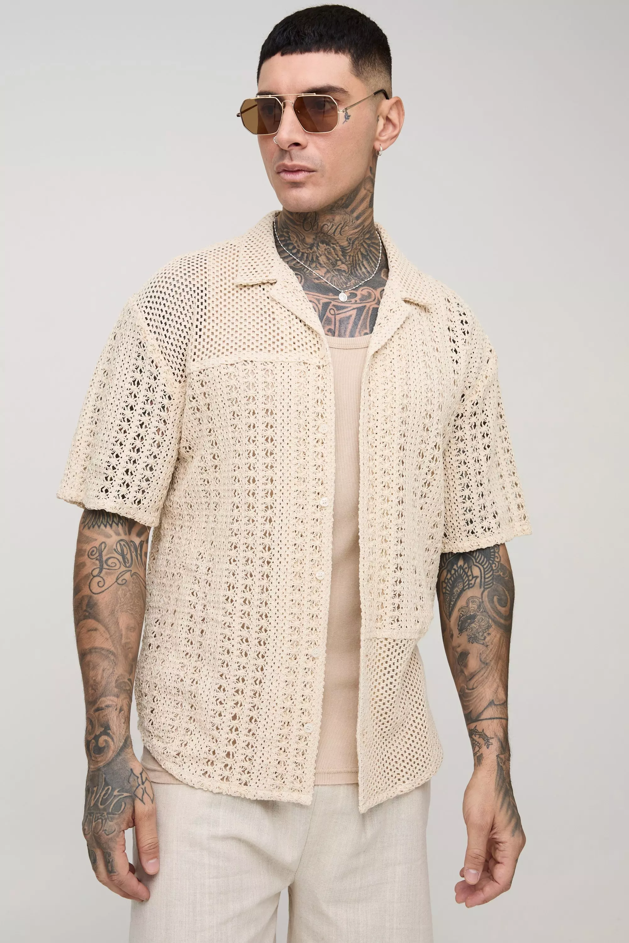 Ecru Tall Oversized Crochet Panel Revere Shirt alternative image