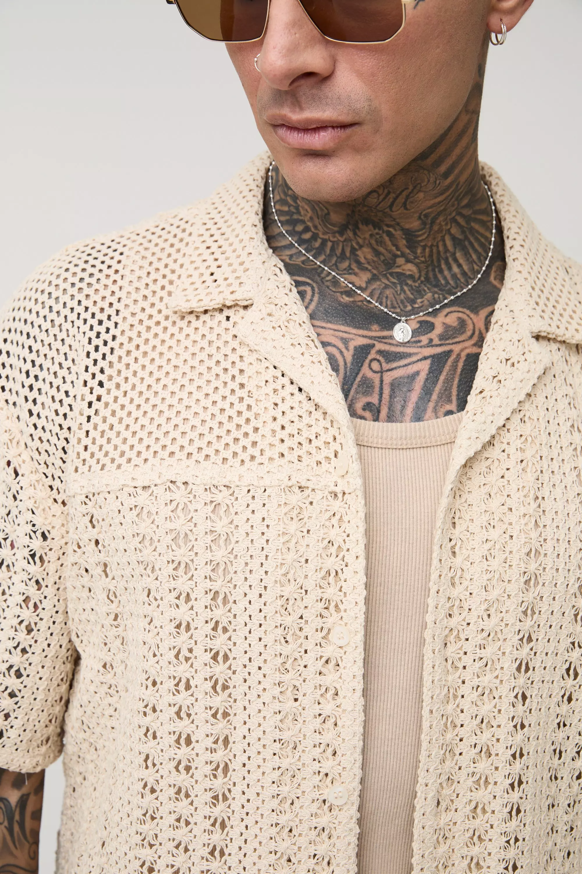 Ecru Tall Oversized Crochet Panel Revere Shirt alternative image