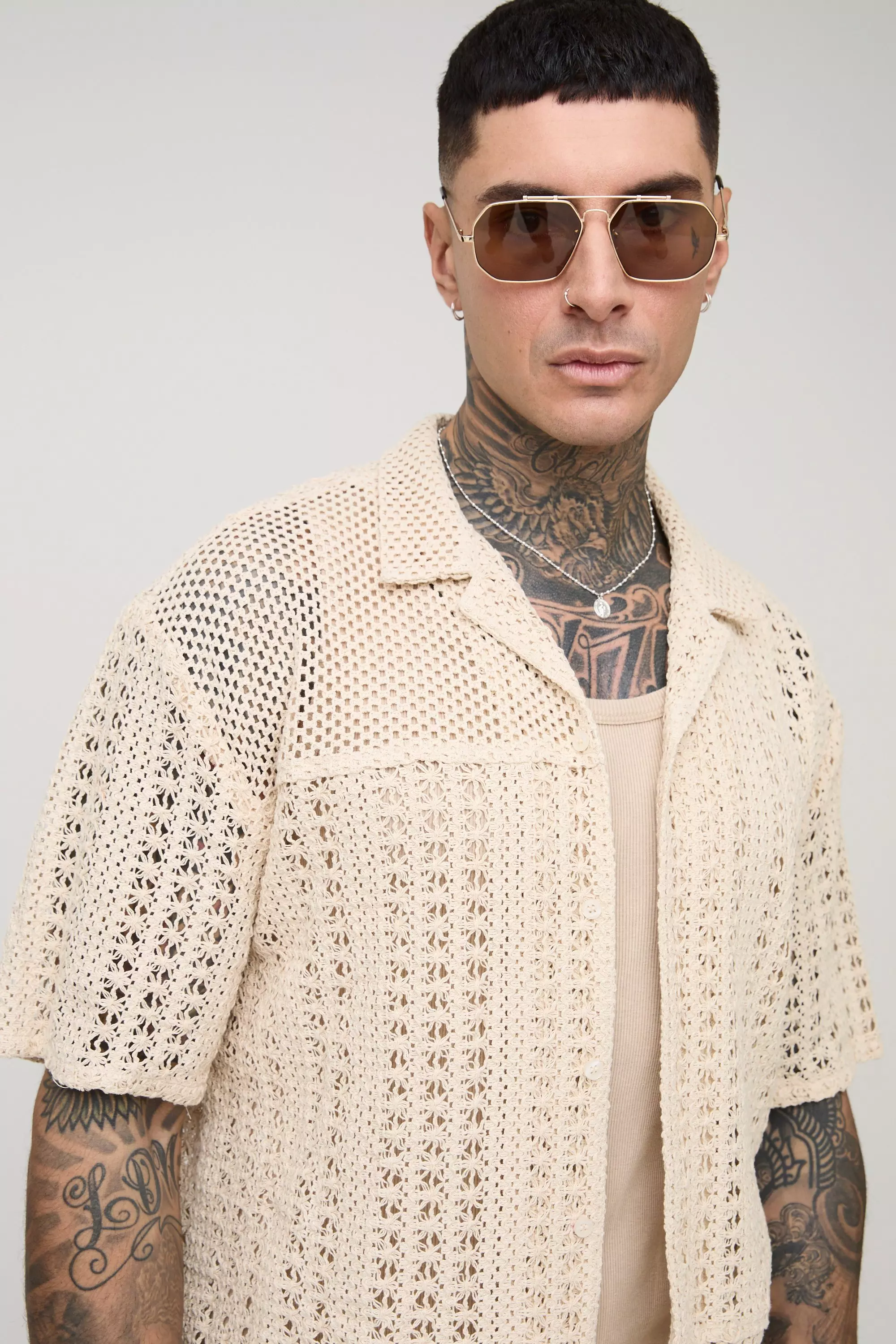 Ecru Tall Oversized Crochet Panel Revere Shirt alternative image