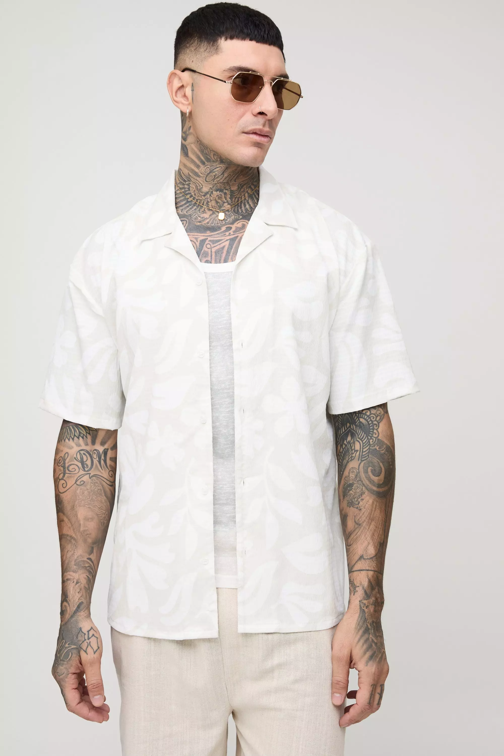 Tall Oversized Palm Print Seersucker Shirt | boohooMAN USA