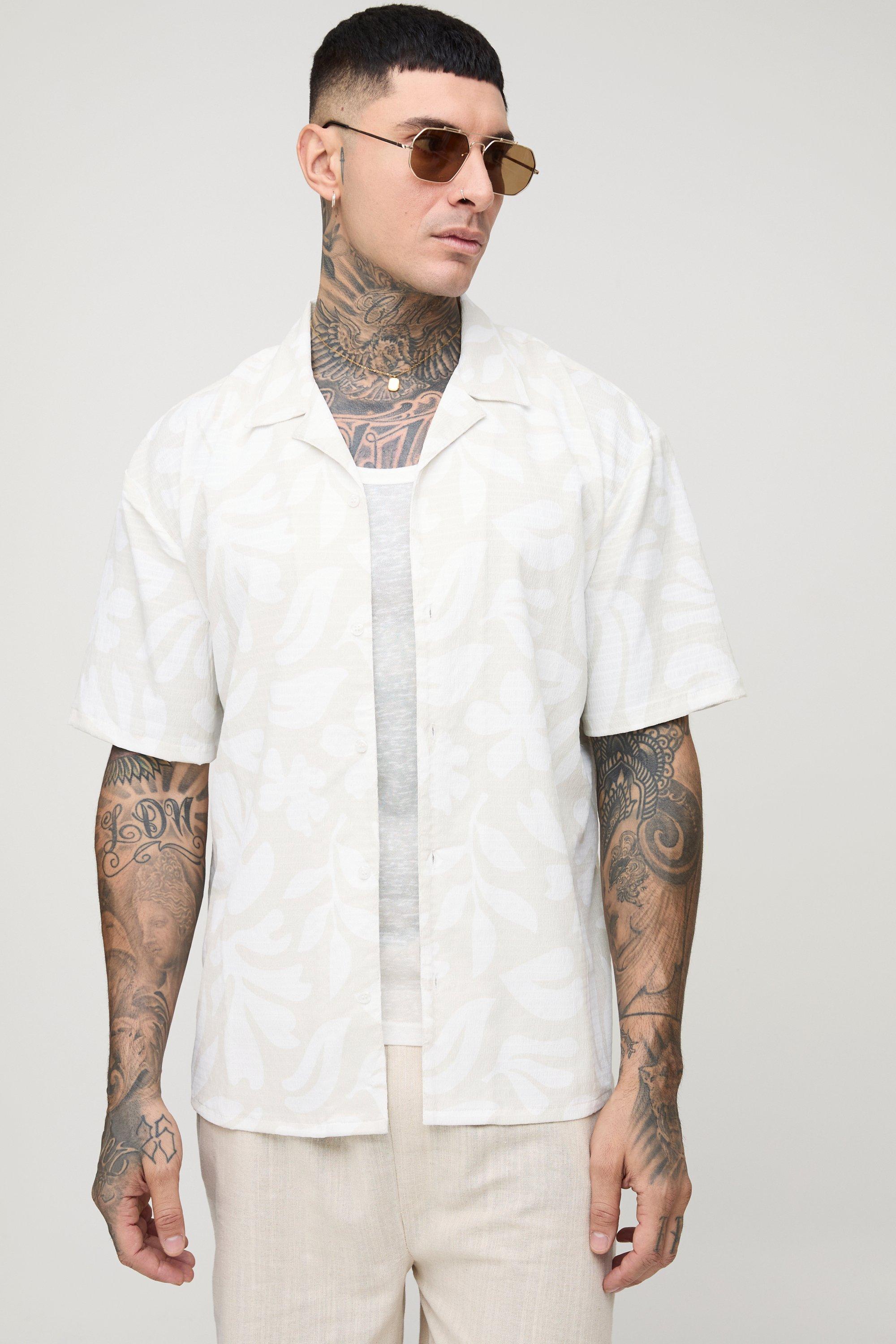Tall Oversized Palm Print Seersucker Shirt | boohooMAN USA
