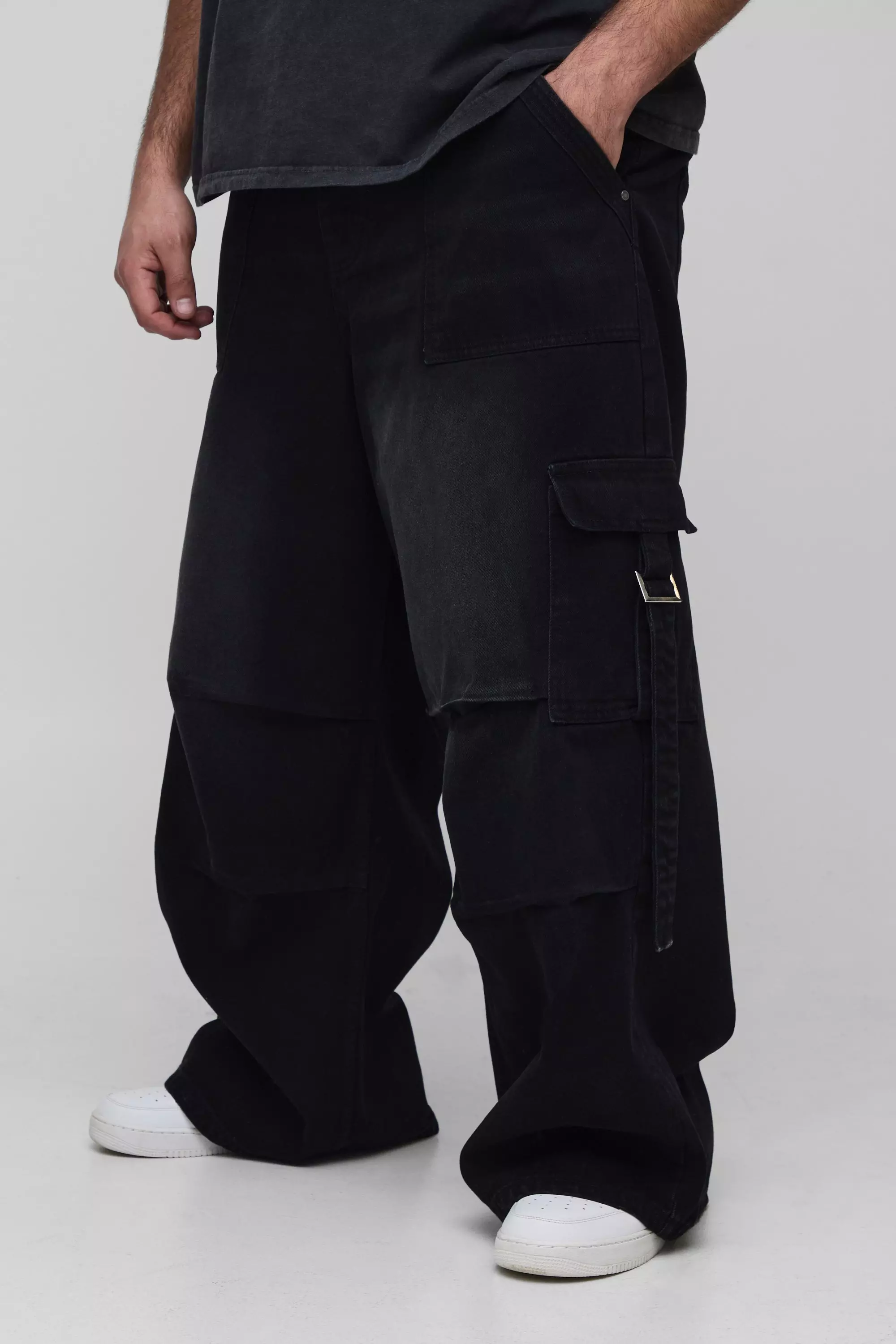 Ash Grey Plus Strap Detail Parachute Fit Jeans