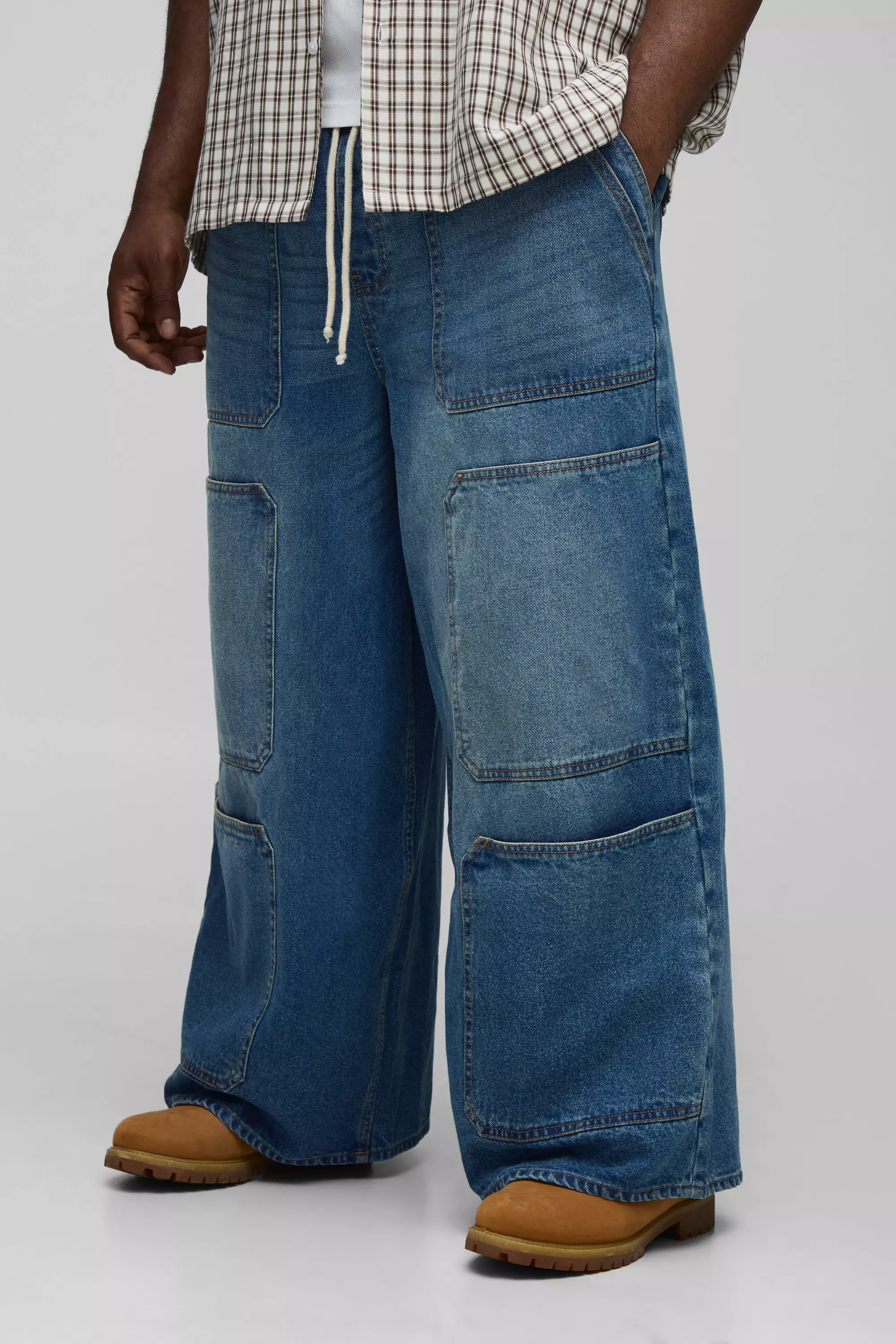 Plus Super Baggy Contrast Stitch Elasticated Waist Cargo Jeans mid wash