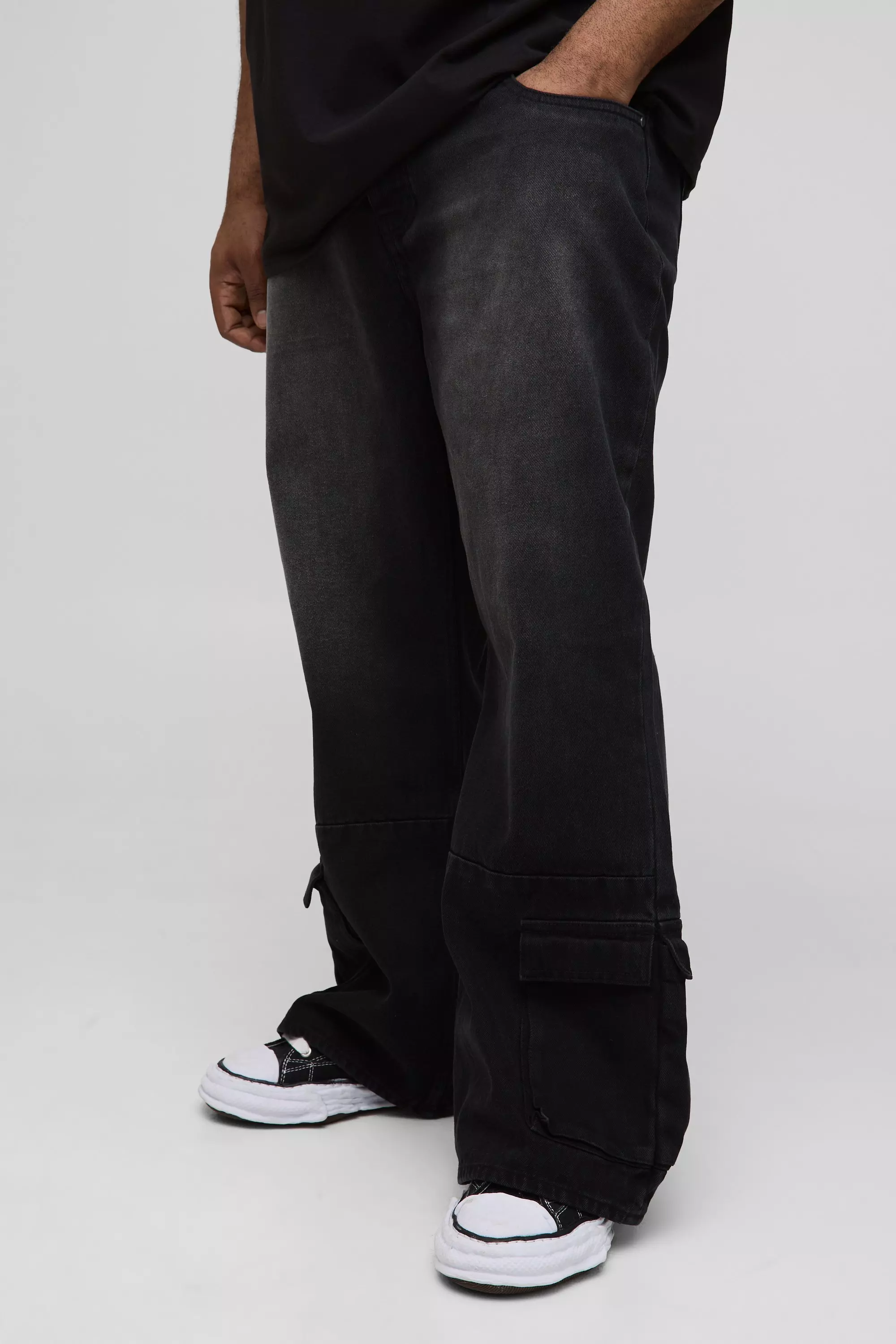 Plus Cargo Hem Relaxed Flare Jeans Washed black