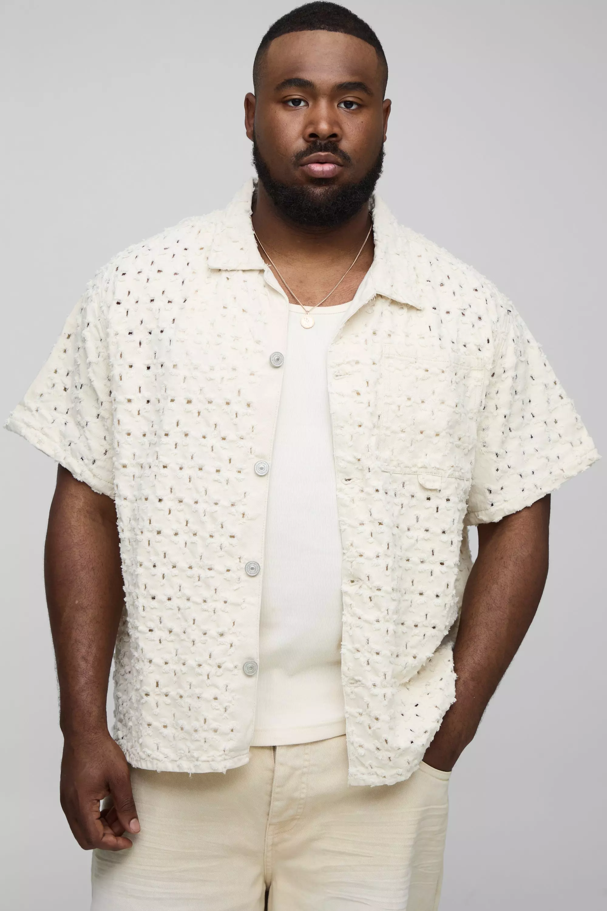 Plus Lasered Super Distressed Boxy Revere Shirt Ecru