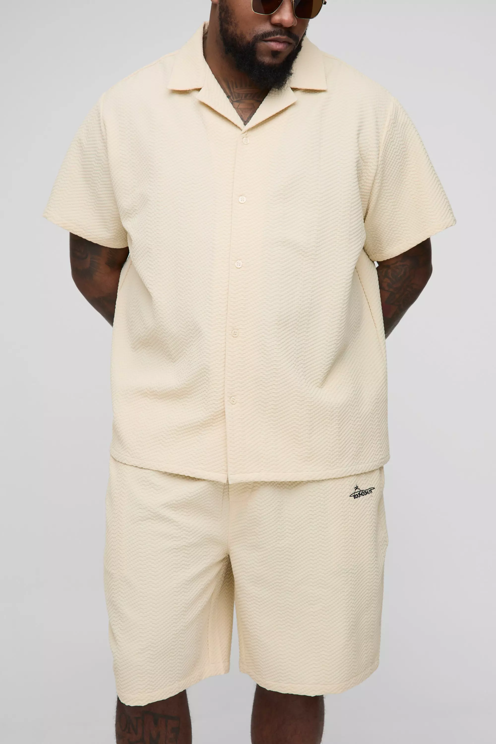 Plus Regular Fit Popcorn Revere Embroidered Shirt and Relaxed Short Set Ecru