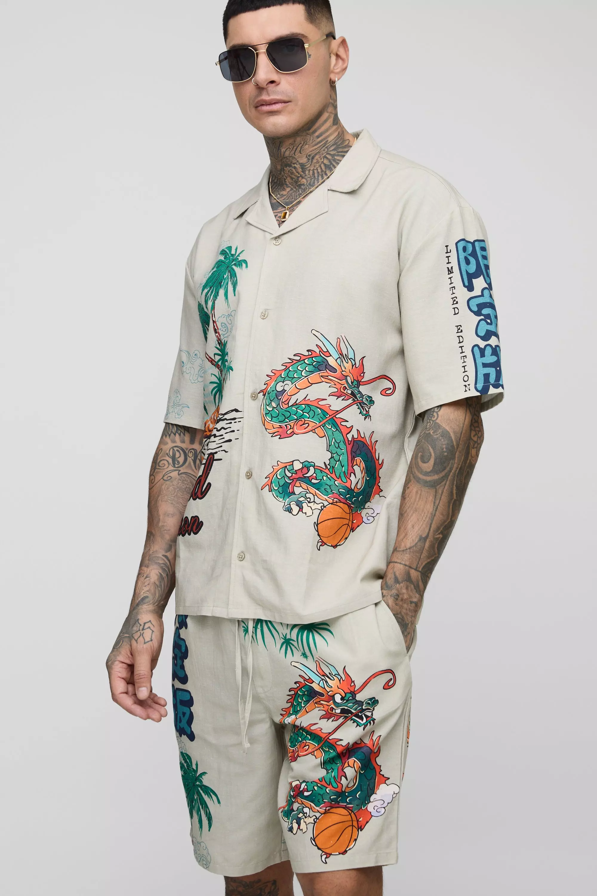 Tall Oversized Open Texture Boxy Revere Shirt and Short Set Ecru