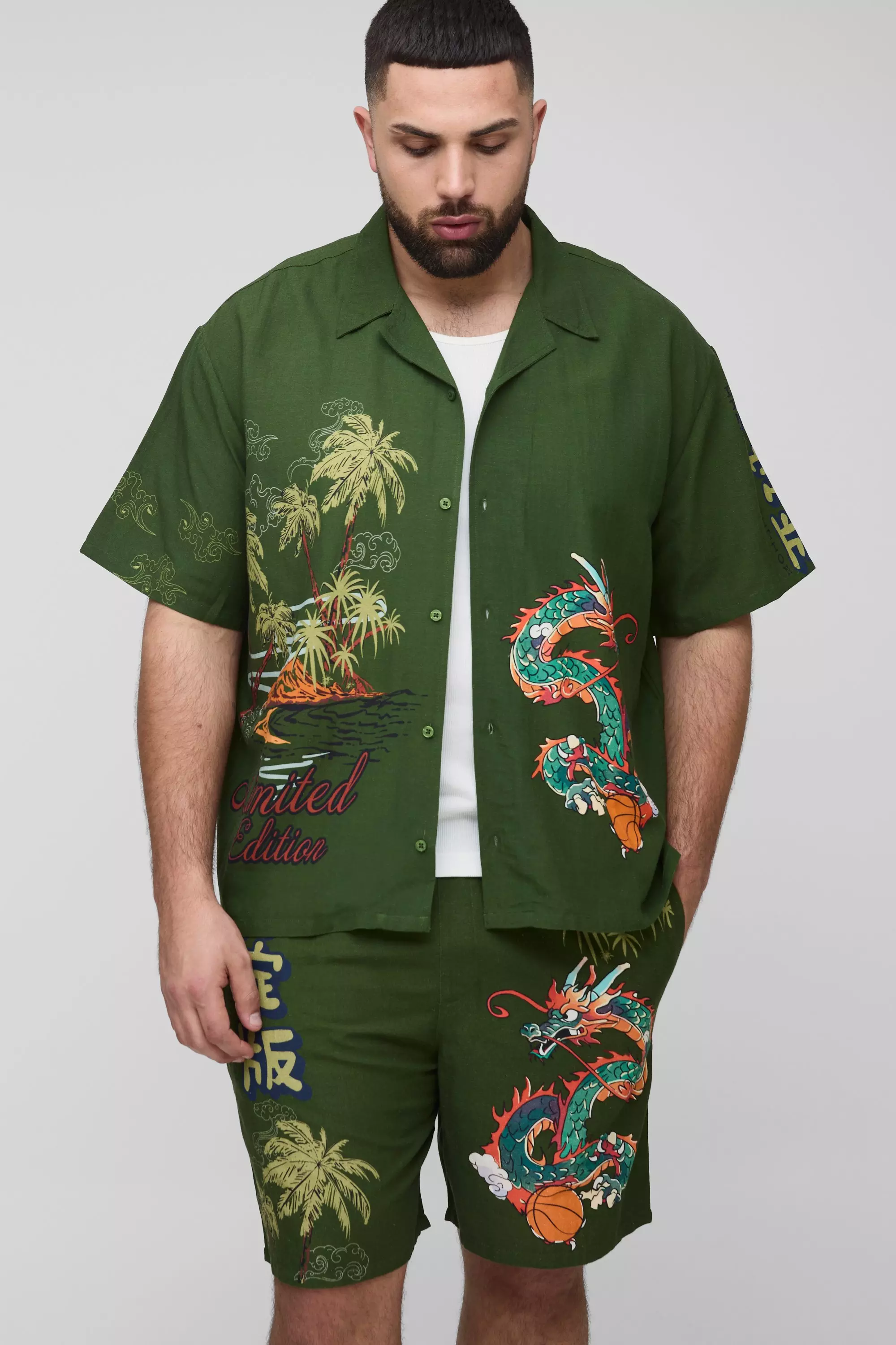 Plus Regular Fit Linen Look Dragon Print Revere Shirt and Short Set Khaki