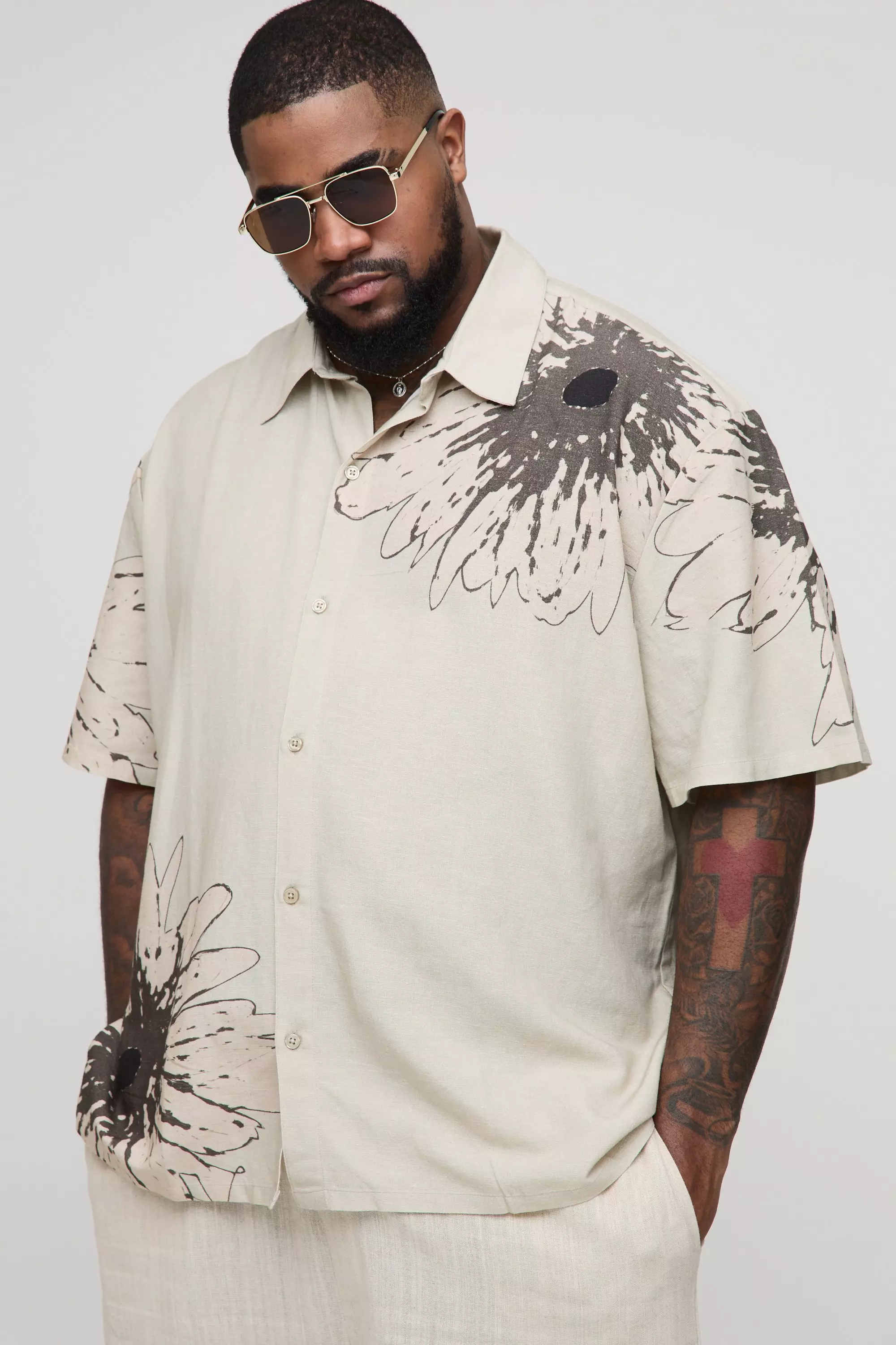 Plus Oversized Linen Look Placement Floral Shirt Stone